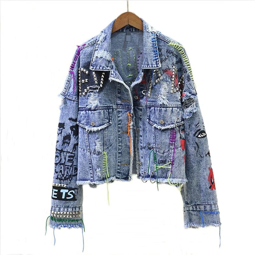 YFQHDD Women's Denim Jacket - Stylish Graffiti Rivet Jean Coat with Distressed Holes for Spring & Autumn | Fashionable Blue Outerwear for Casual Wear & Street Style (One Size)