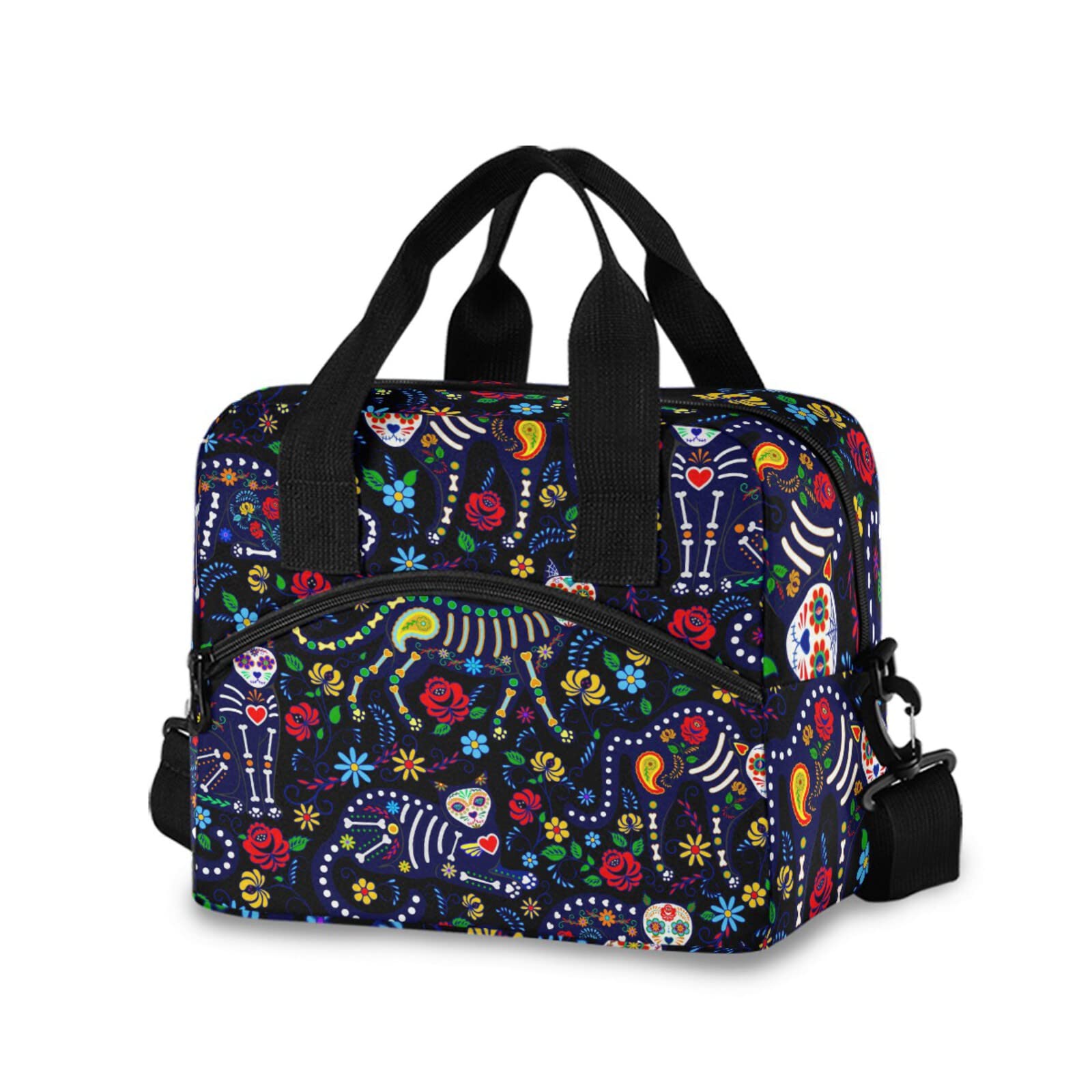 **Insulated Reusable Lunch Bag with Adjustable Shoulder Strap - Leakproof Cooler Tote for Work, School, Picnic & Camping - Cats & Sugar Skull Design for Men & Women**    *(Perfect for Office Meals, Outdoor Adventures, and Daily Commute - Keep Food Fresh & Stylish!)*
