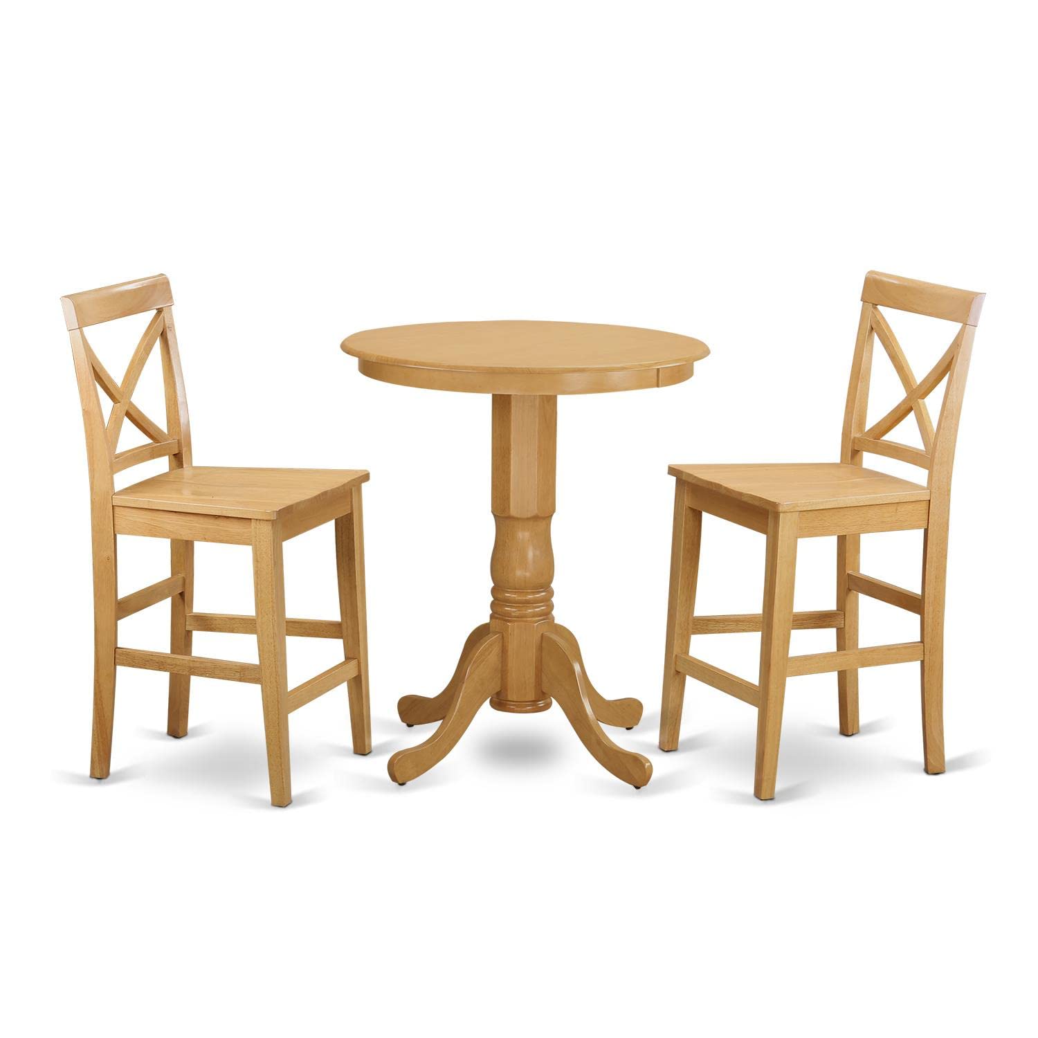 East West Furniture 3-Piece Counter Height Dining Set - 30x30 Inch Round Oak Table with Pedestal Base & 2 Kitchen Chairs | Perfect for Small Spaces, Breakfast Nooks, and Apartment Dining Areas