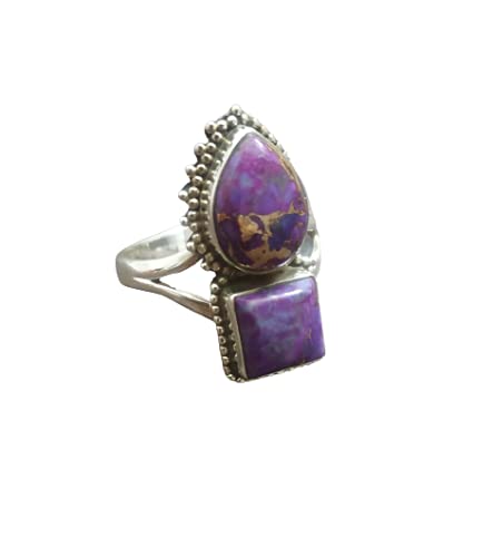 925 Sterling Silver Purple Copper Turquoise Ring - Handmade Boho Hippie Statement Ring with Healing Crystal - Vintage Style Antique Promise Ring for Women | Perfect for Boho Fashion, Spiritual Healing & Unique Gift Giving