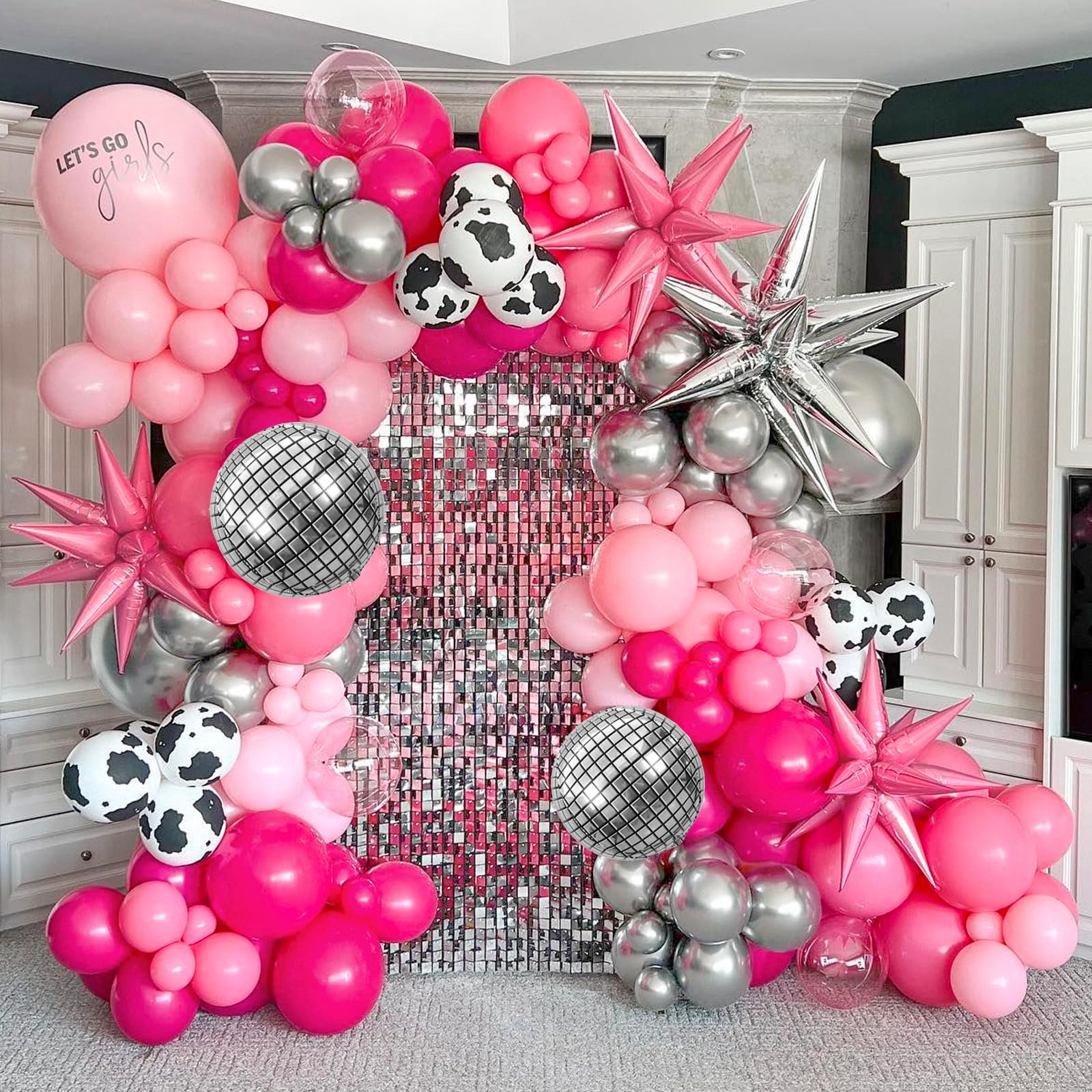 128pcs Disco Cowgirl Party Decorations Kit - Hot Pink & Silver Cowgirl Balloon Arch Garland with Disco Foil Cow Print Balloons for Bachelorette, Birthday, Western Theme Parties - Perfect for Home, Bar & Event Decor