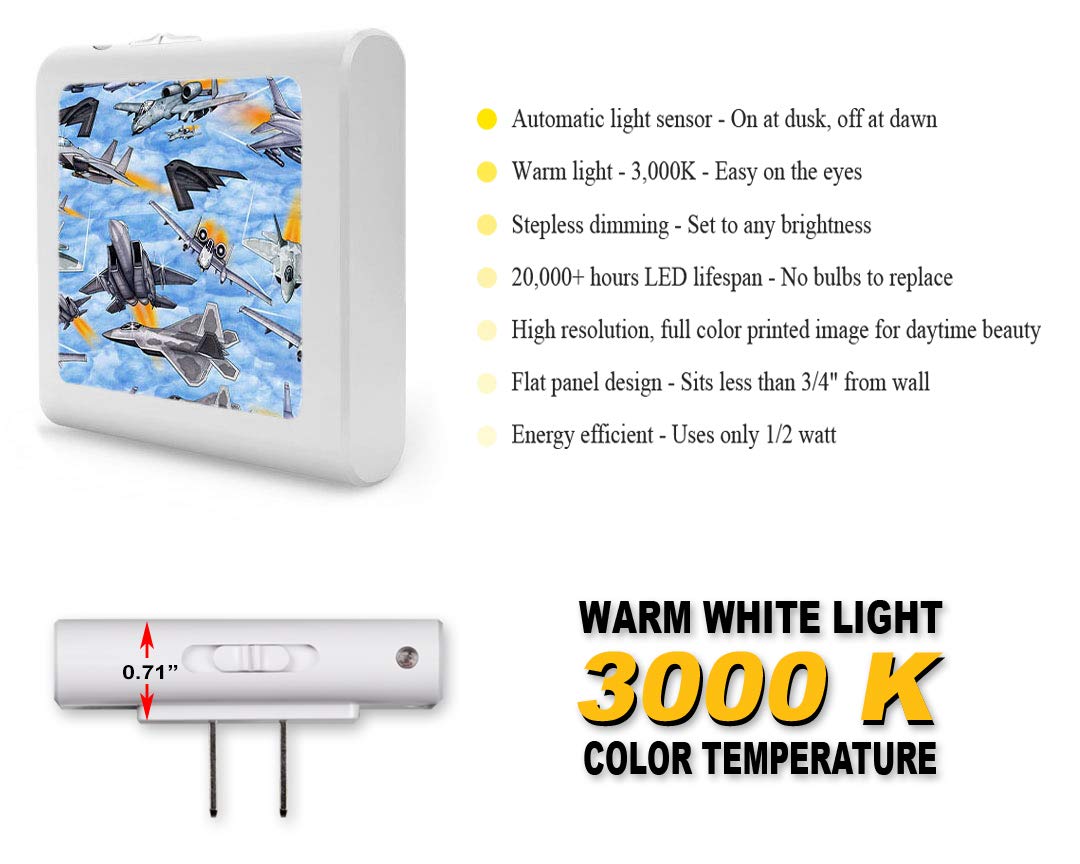 Dimmable LED Night Light with Auto On/Off Sensor, Adjustable Brightness & Warm White Light - Perfect for Bathroom, Hallway, Nursery & Bedroom - Air Force Design by Dan Morris - Ideal for Nighttime Safety & Comfort