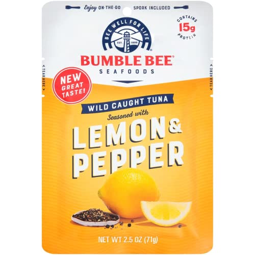 Bumble Bee Lemon & Pepper Seasoned Tuna, 2.5 Oz Pouches (Pack of 12) - Wild Caught, Ready to Eat Tuna with Spork - High Protein 15g per Serving - Gluten Free, Keto Friendly - Perfect for Camping, Hiking & Office Lunch