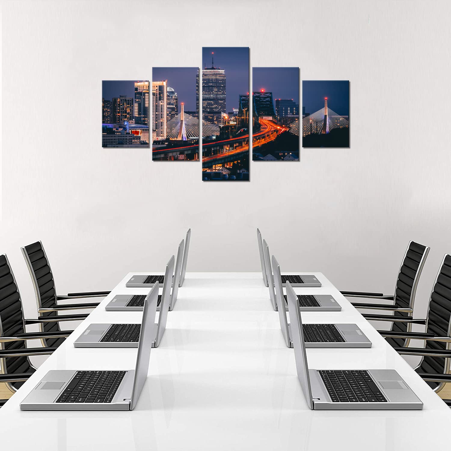 Boston Skyline at Night Canvas Wall Art - 5 Piece Framed Cityscape Painting Set, Modern Home Decor for Living Room, Office & Bedroom - Ready to Hang Gallery-Wrapped (70''W x 40''H) - Perfect for Urban Style Interiors & Gift Giving