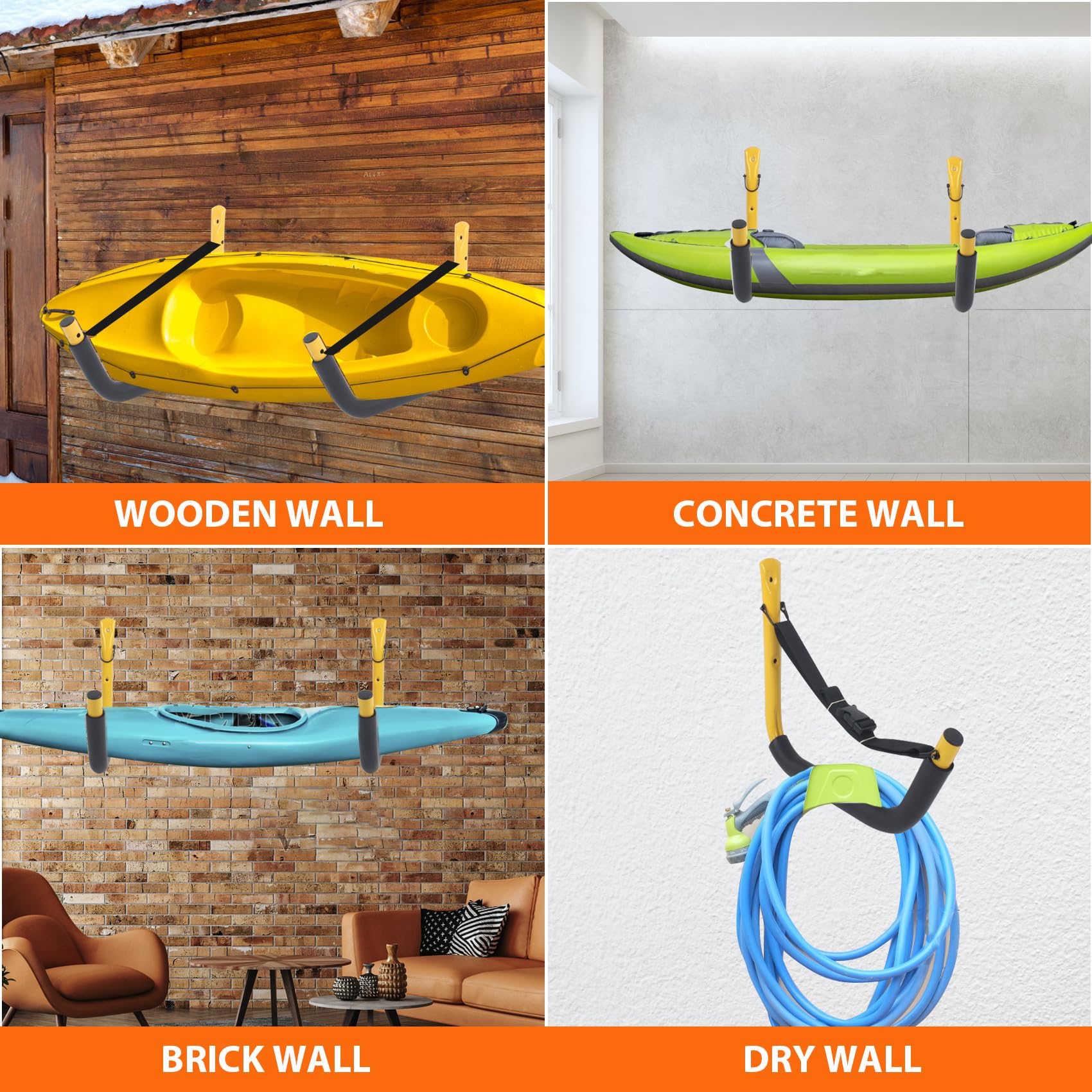 Heavy Duty Kayak Wall Mount Storage Rack - 4 Pack Kayak Hooks with Adjustable Straps, 100 LB Capacity - Perfect for Garage, Shed or Outdoor Kayak, Paddle Board, SUP, Surfboard, Bike & Ladder Organization