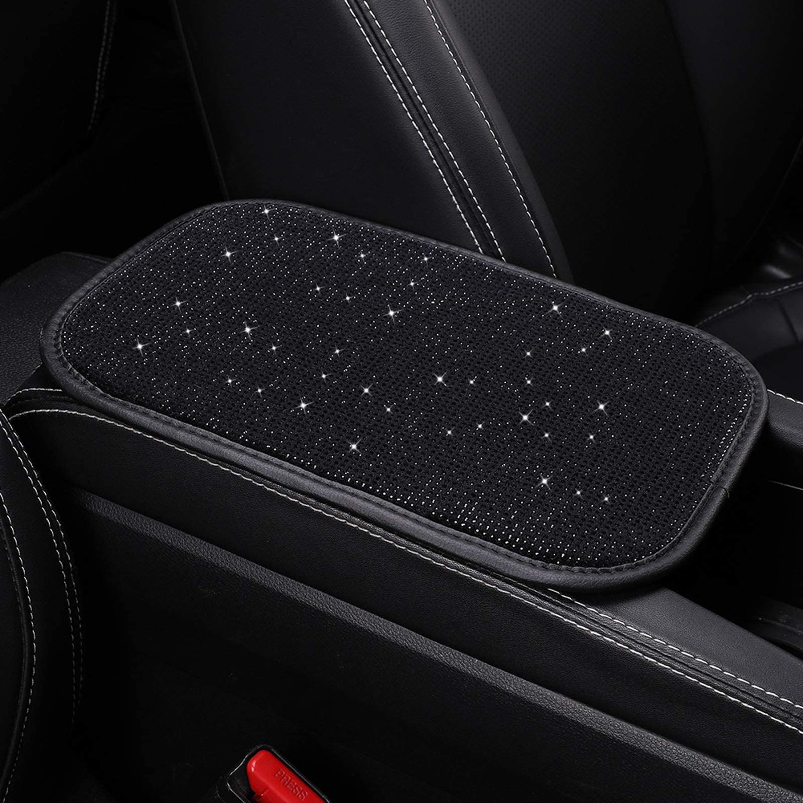 FUNOJOY Bling Rhinestone Car Armrest Cover for Women - Black Diamond Auto Center Console Protector - Stylish Car Accessories for Enhanced Interior Decor - Perfect for Daily Commute & Road Trips