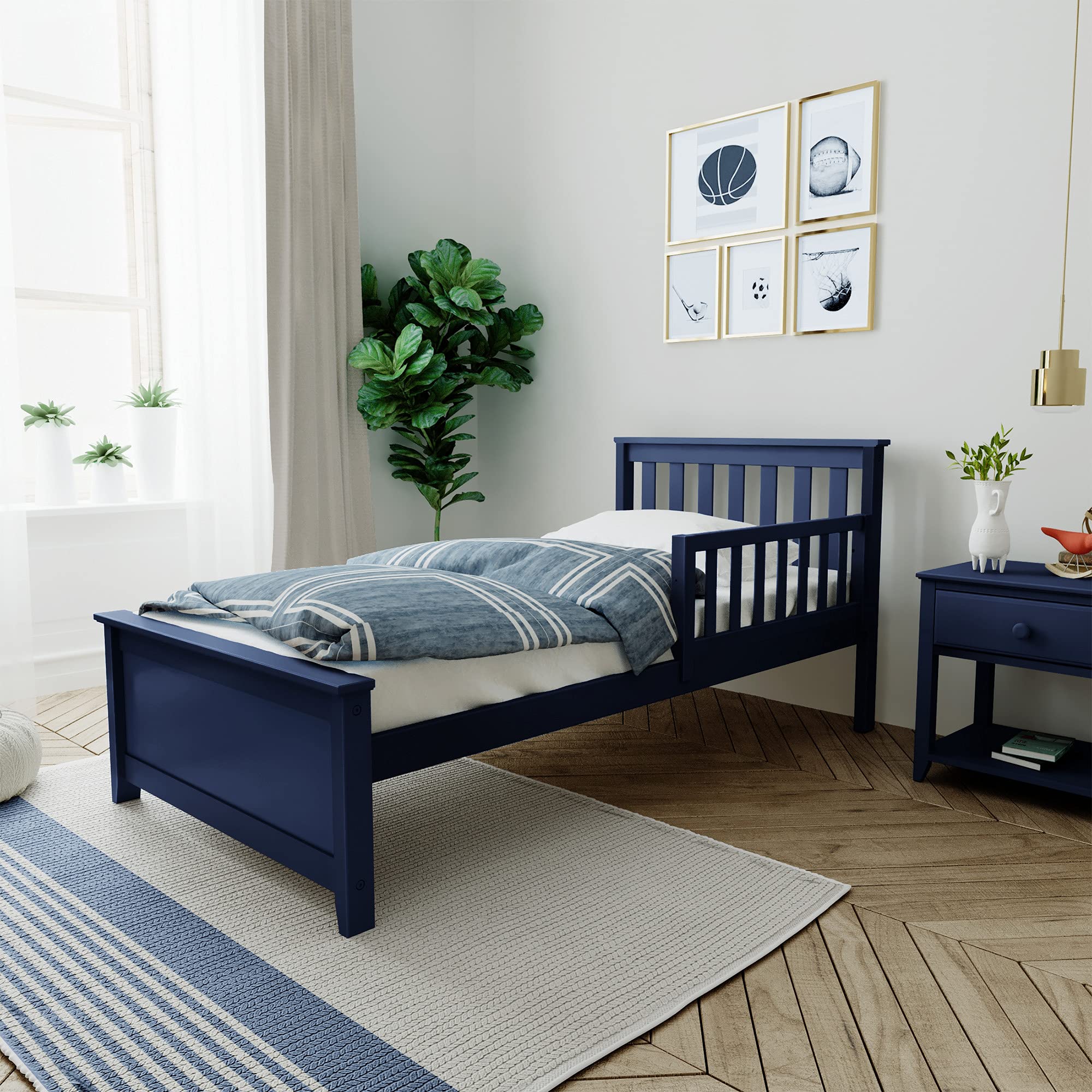 Max & Lily Twin Bed Frame with Headboard - Kids Wooden Bed with Safety Guard Rail & Slatted Support - Blue - Perfect for Children's Bedroom, Nursery or Guest Room