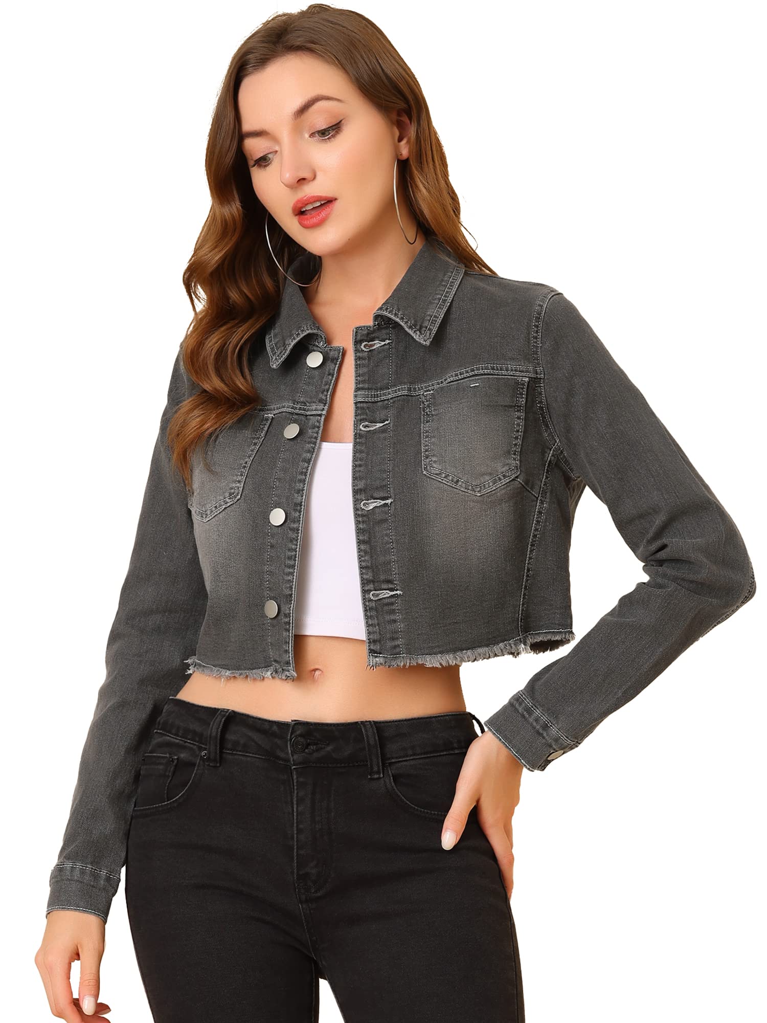 Allegra K Women's Cropped Denim Jacket - Frayed Button Up Washed Jean Jacket for Casual Outfits & Street Style | Perfect for Spring & Fall Layering