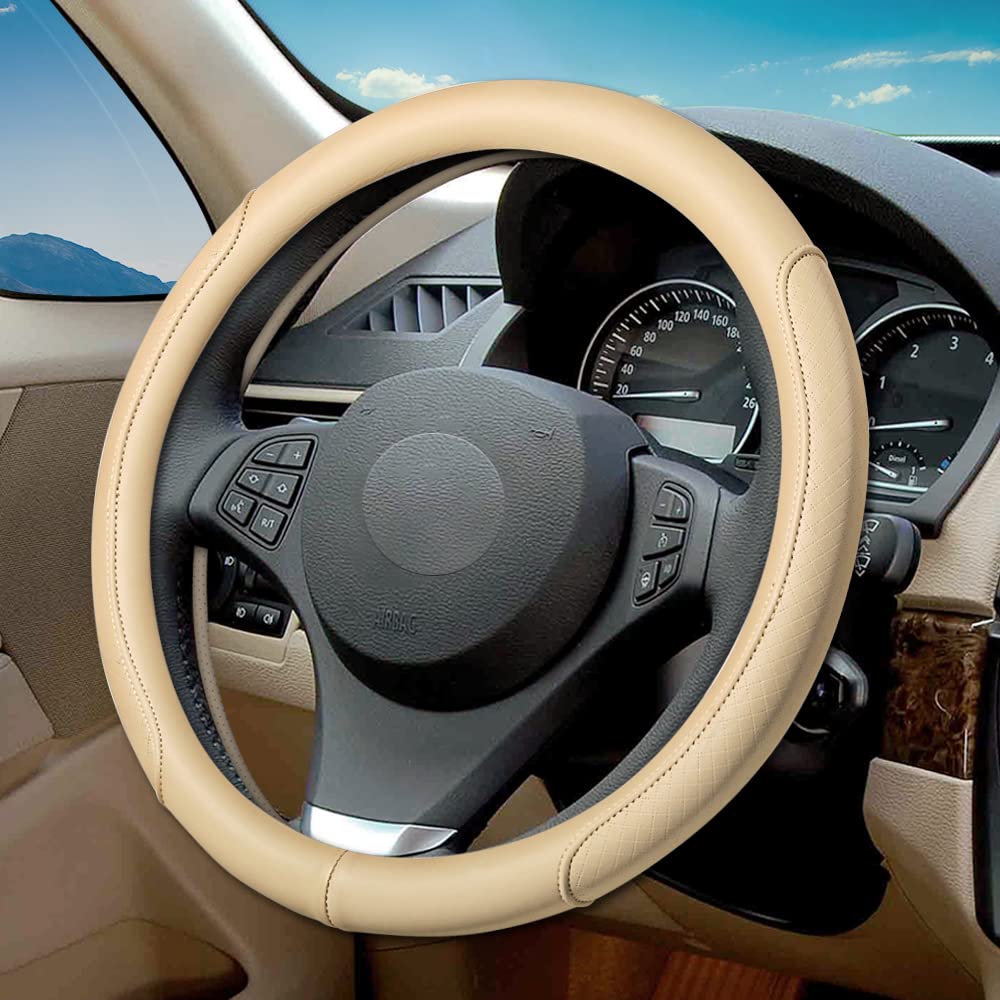Premium Microfiber Leather Steering Wheel Cover - Classic Embossed Design, Anti-Slip & Breathable - Universal Fit for 15 Inch Wheels (Beige) | Perfect for Cars, Trucks & SUVs - Enhances Grip & Comfort for Daily Commutes & Road Trips