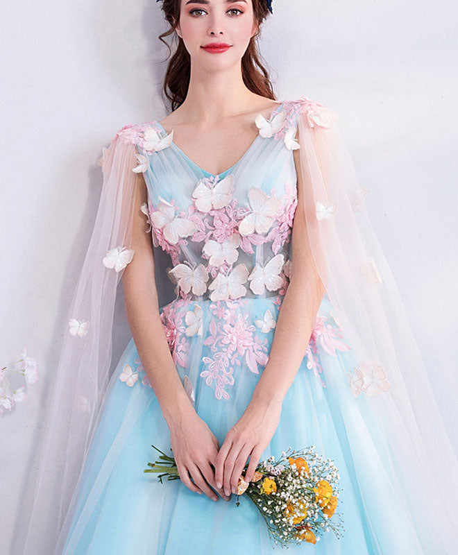 Elegant Blue V-Neck Tulle Prom Dress | Long Formal Evening Gown for Women | Perfect for Homecoming, Prom Night & Special Occasions