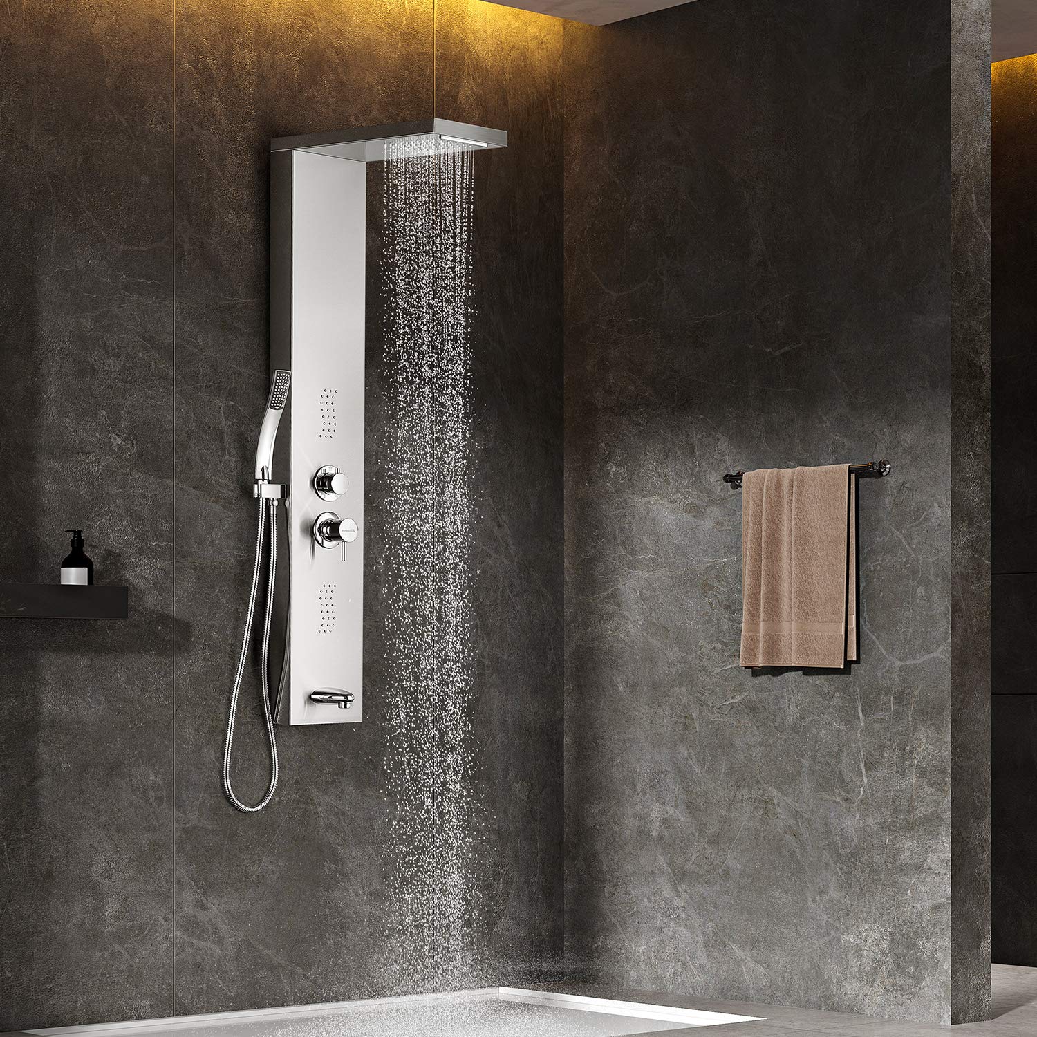 Adbatnos Multifunctional Shower Panel System - 304 Stainless Steel Shower Tower with Rainfall, Waterfall Spout, 2 Massage Jets, Tub Spout & Handheld Shower | Perfect for Luxury Bathroom Remodeling & Spa-Like Experience at Home