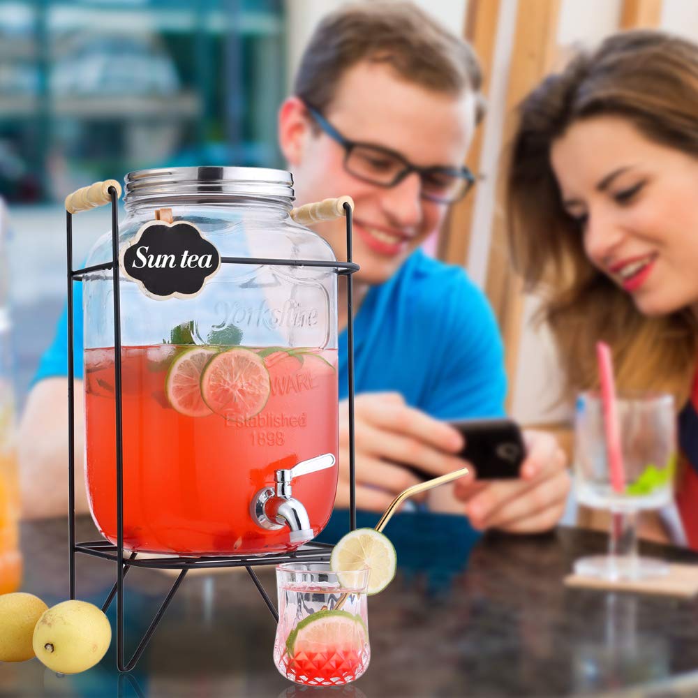 2 Gallon Clear Glass Beverage Dispenser with Stainless Steel Spigot & Stand - Mason Jar Style Drink Dispenser for Cold Beverages Only - Perfect for Parties, Weddings, and Outdoor Events