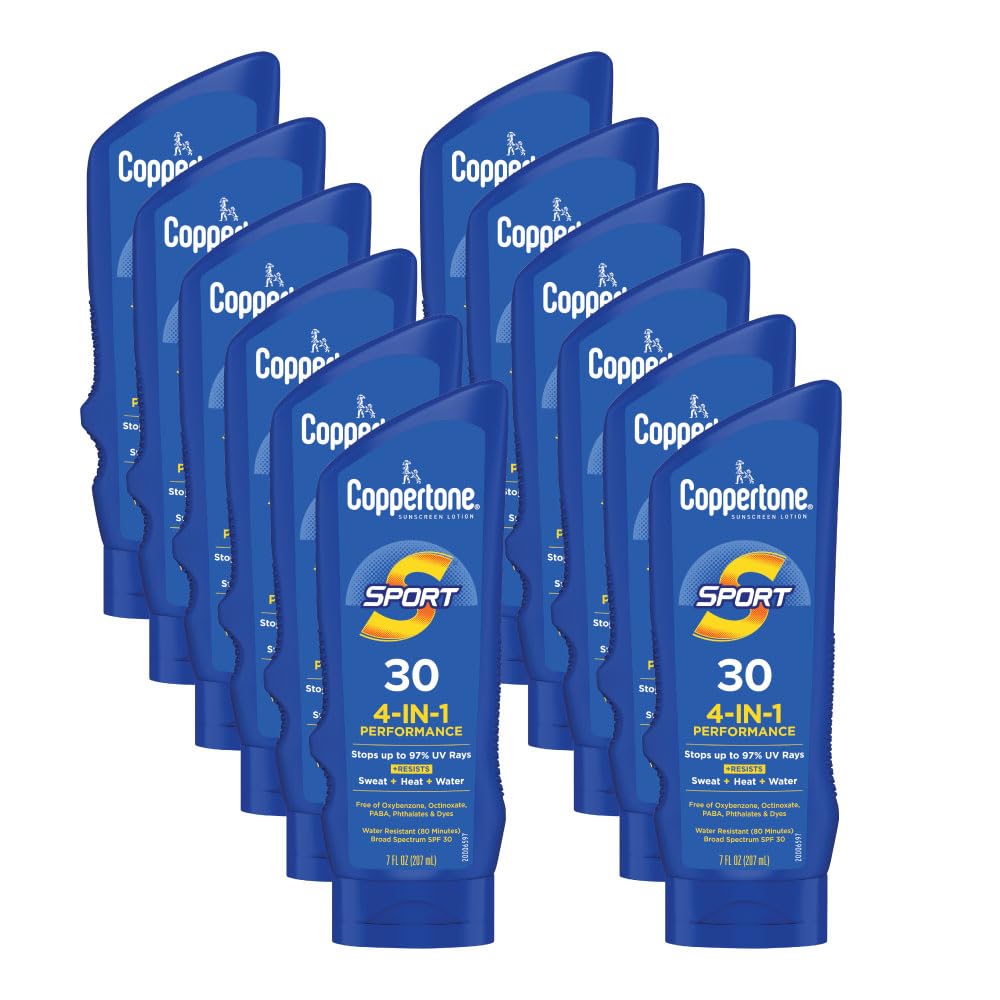Coppertone SPORT SPF 30 Sunscreen Lotion - Water Resistant & Sweatproof Broad Spectrum Protection - 7 Fl Oz (Pack of 12) - Perfect for Swimming, Beach, Outdoor Sports & Active Lifestyles