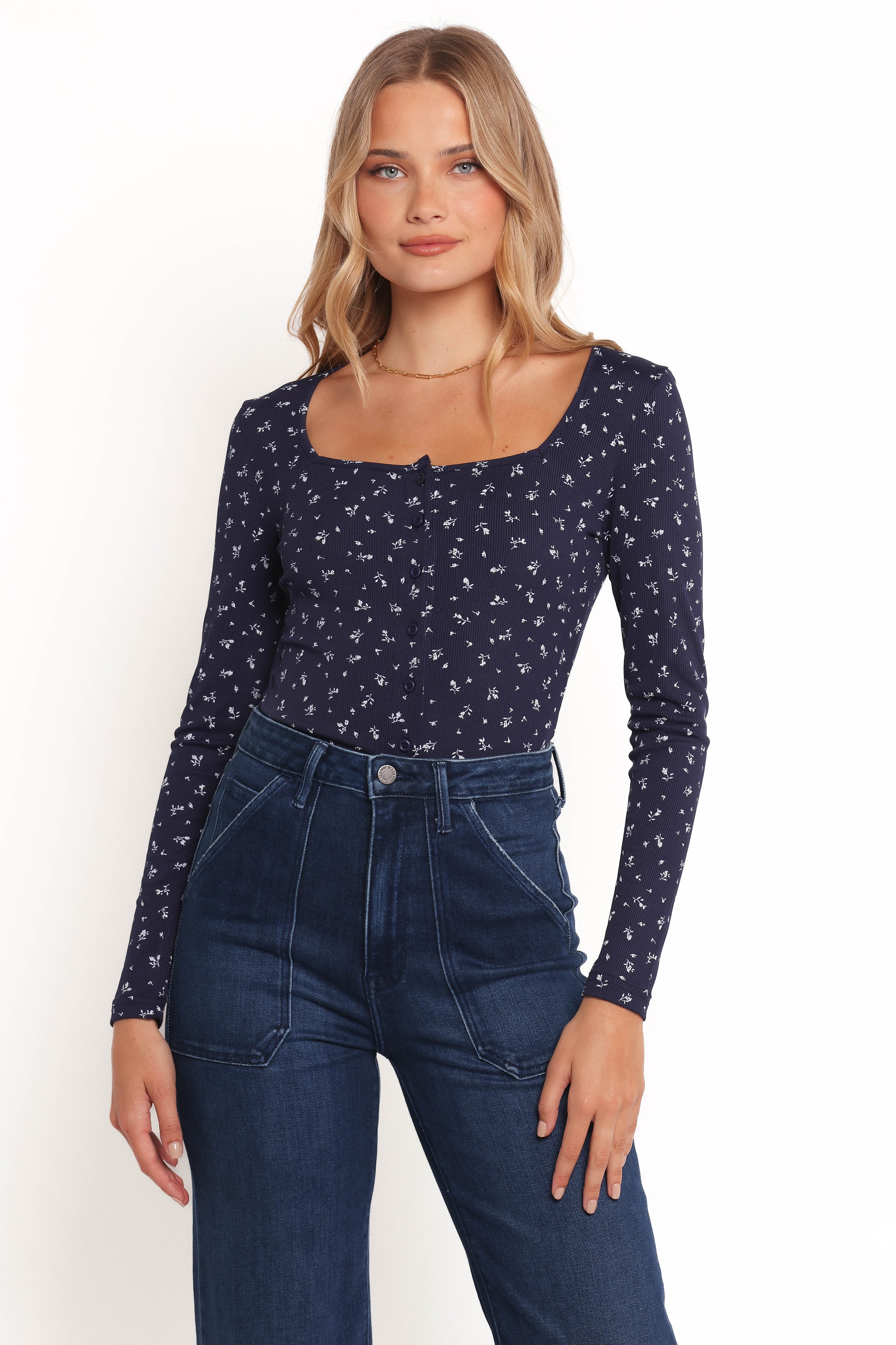 Keanu Women's Long Sleeve Blouse - Navy Blue Floral Print Ditsy Pattern Tops for Casual Wear & Office Outfits