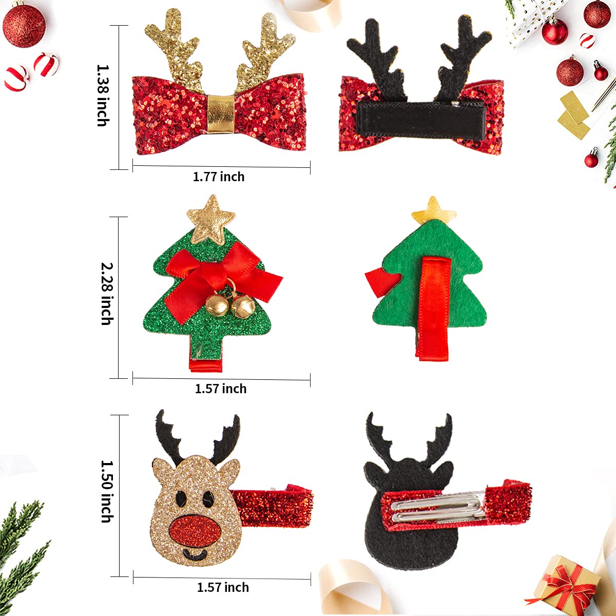 6 Pcs Cute Alligator Hair Clips with Bows for Girls - Barrettes Hair Accessories Set, Perfect Gift for Baby & Toddlers (Christmas-B) - Great for School, Parties & Holiday Outfits
