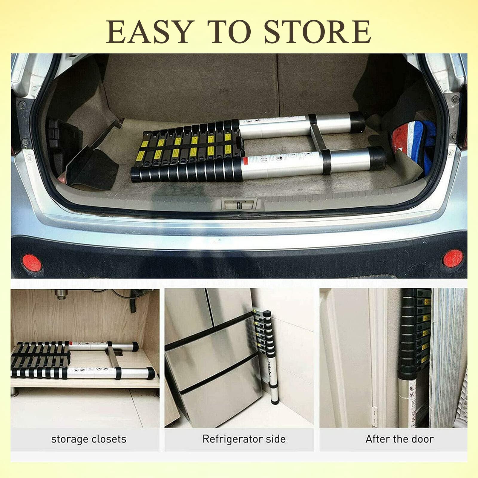 12.5FT Aluminum Telescoping Extension Ladder - EN131 Certified Folding Attic Ladder with 2 Detachable Hooks & Non-Slip Strap - Multi-Purpose Indoor/Outdoor Use for Home, Loft, Warehouse & DIY Projects