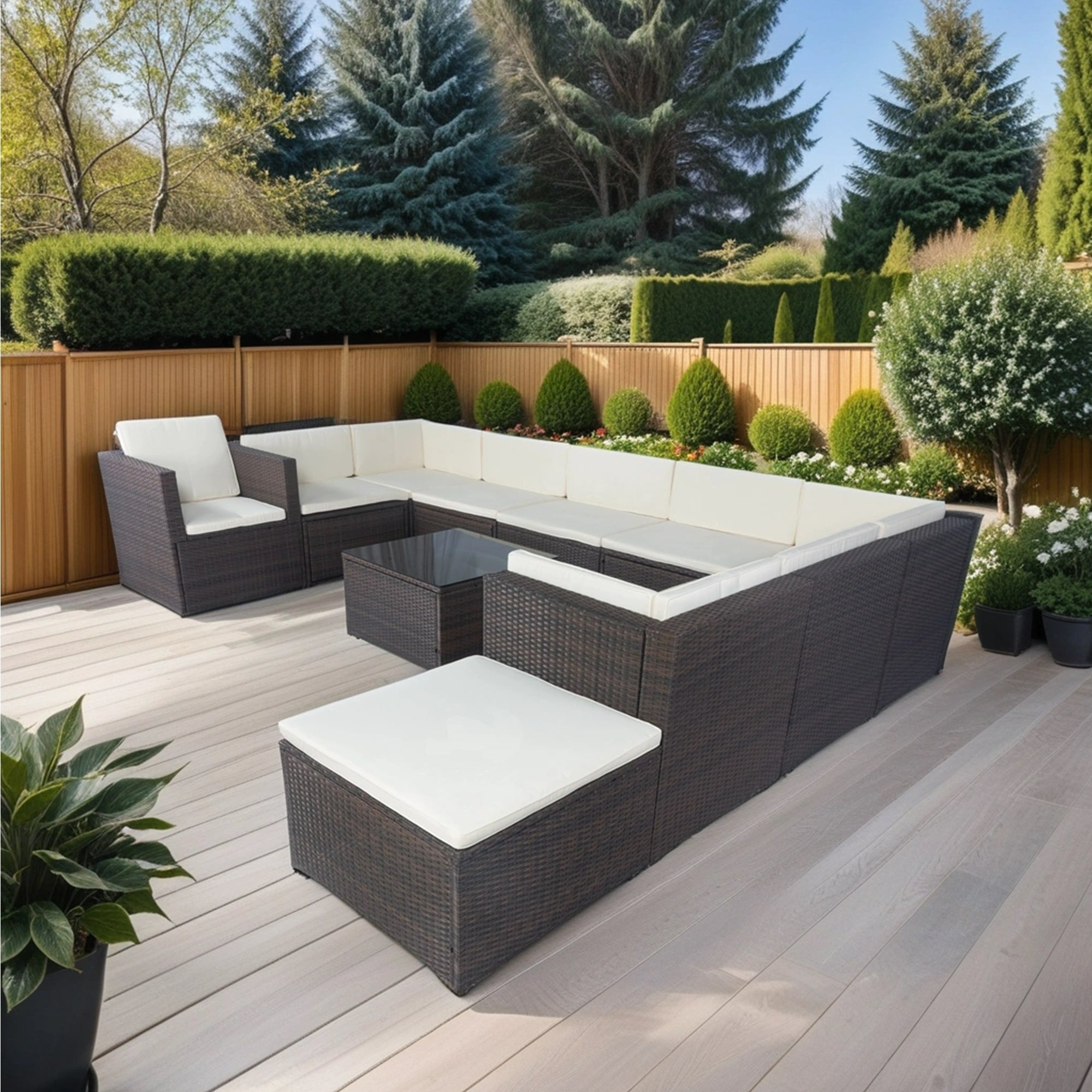 11-Piece Brown Wicker Patio Conversation Set with White Cushions - 10-Seater Outdoor Sectional Sofa with 3 Under-Seat Storage Boxes - Perfect for Backyard, Garden, Poolside & Patio Relaxation