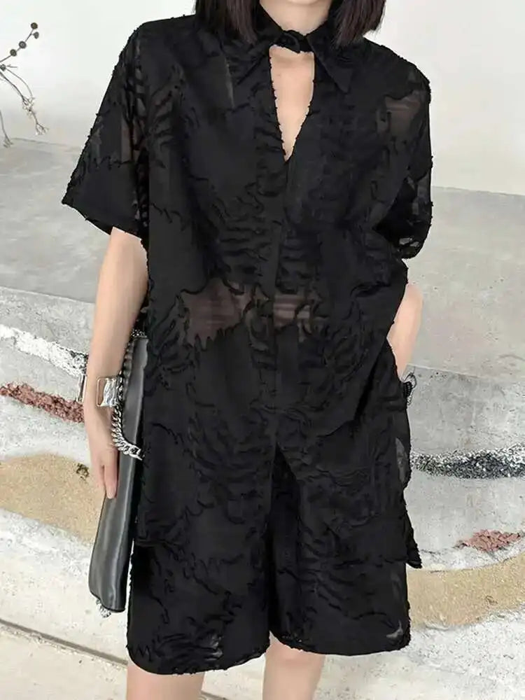 Black Jacquard Shirt & Wide Leg Shorts Two-Piece Set - Women's Fashion Short Sleeve Lapel Suit for Spring Summer 2025 | Office Wear, Casual Outfits & Vacation Style