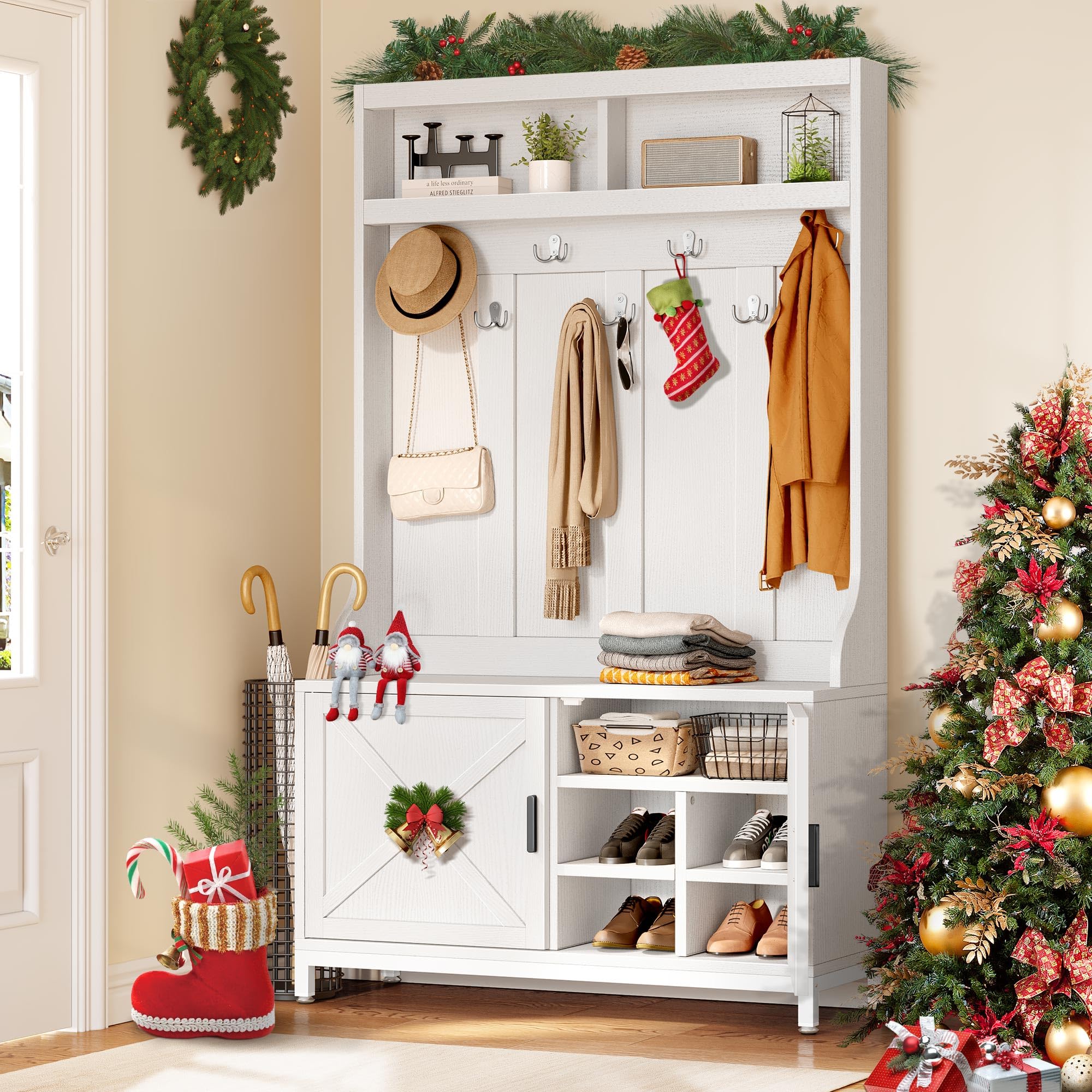 YITAHOME 4-in-1 Entryway Hall Tree with Shoe Storage Bench, Coat Rack & Hanging Hooks - Adjustable Shoe Organizer for Foyer, Mudroom & Home Entrance - Perfect for Storing Shoes, Coats & Accessories in White