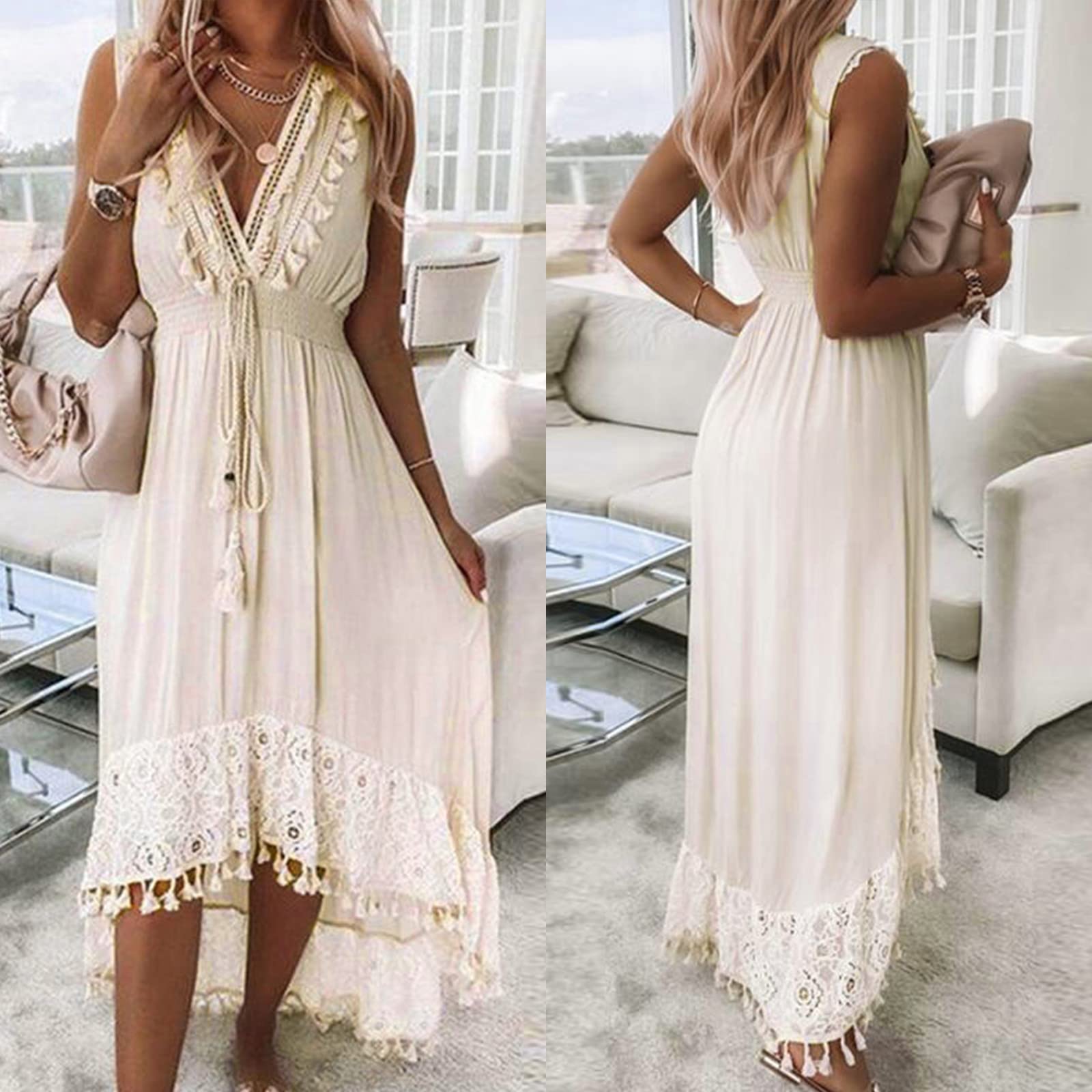 Sexy V-Neck Sleeveless Summer Maxi Dress for Women - Flowy Tassel Lace Wedding Guest Dress, Ankle-Length Casual Beach Dress for Parties, Vacations & Date Nights
