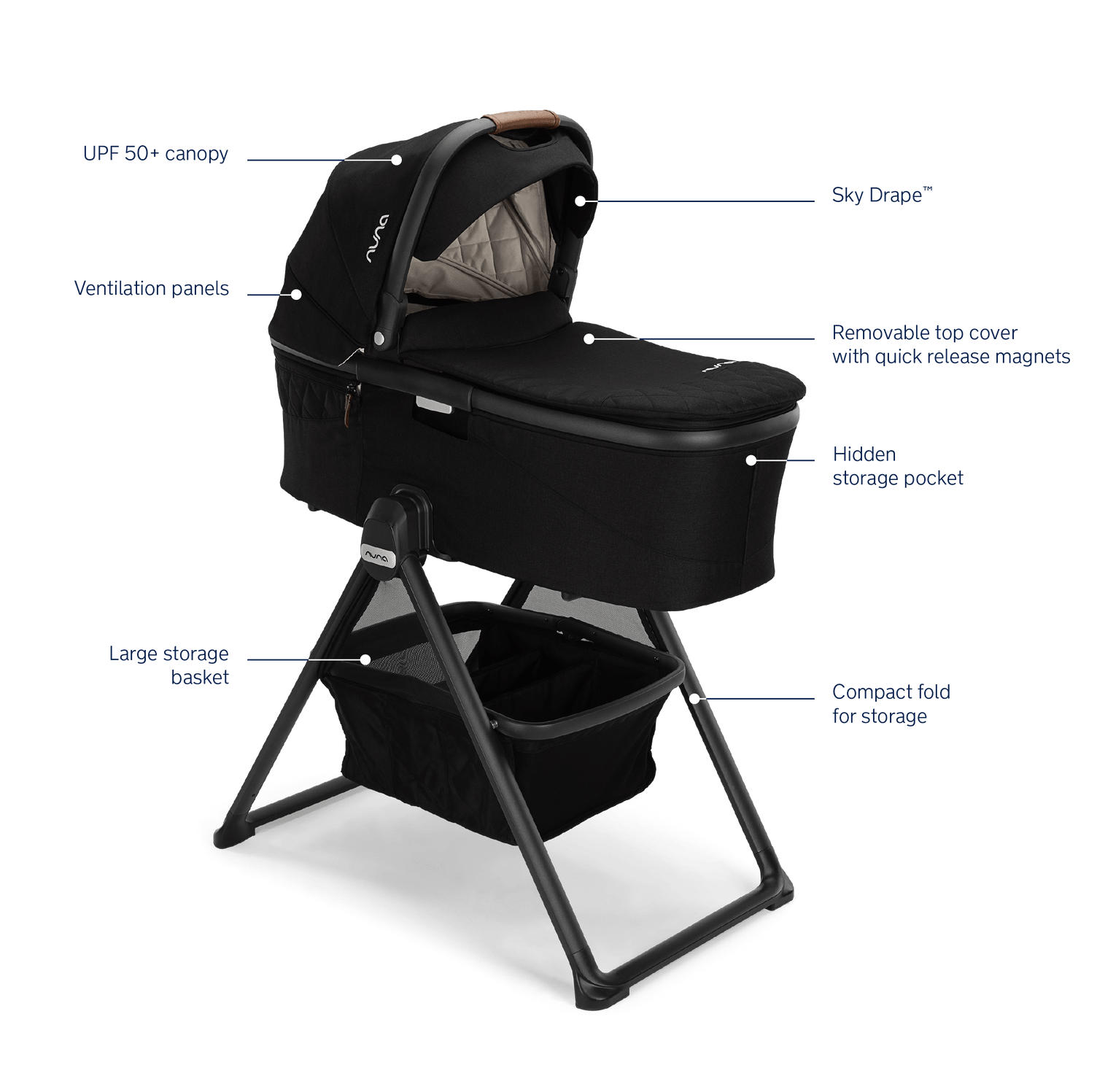 Nuna DEMI Grow Bassinet with Stand - Adjustable Height, Portable Baby Crib for Newborns - Perfect for Nursery, Bedroom & Travel