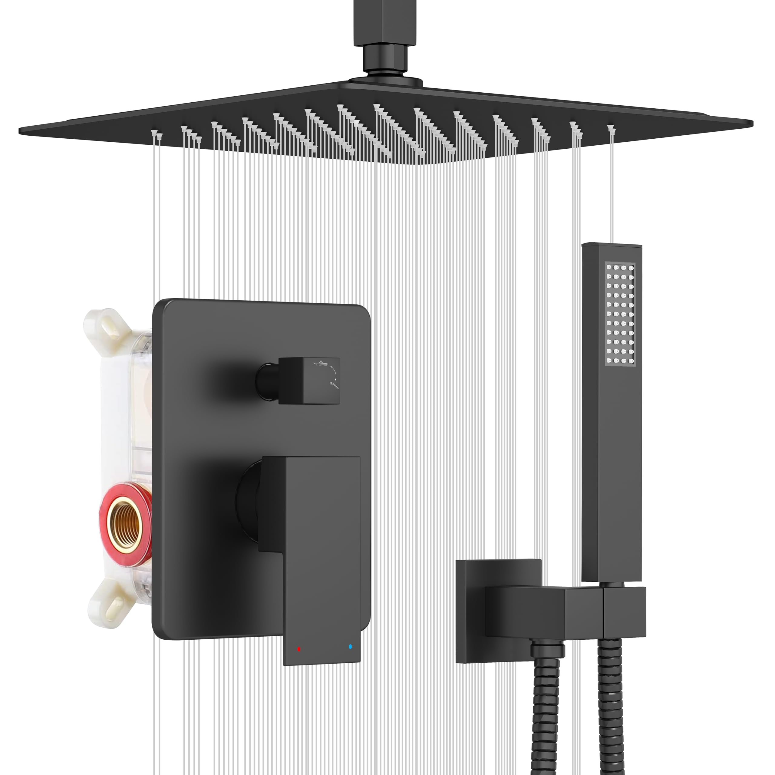 ESNBIA 12 Inch Rain Shower System - Matte Black Dual Shower Head Combo with Handheld, High Pressure Ceiling Mounted Bathroom Faucet Set (Includes Valve & Trim) - Perfect for Luxurious Spa-Like Showers and Modern Bathroom Upgrades