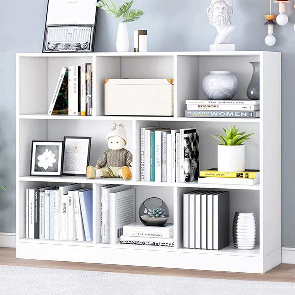 IOTXY 3-Tier Open Shelf Bookcase - Wooden Floor Standing Display Cabinet with 8 Cubes, Short Horizontal Bookshelf Organizer in Warm White - Perfect for Living Room, Bedroom, Office & Dorm Storage