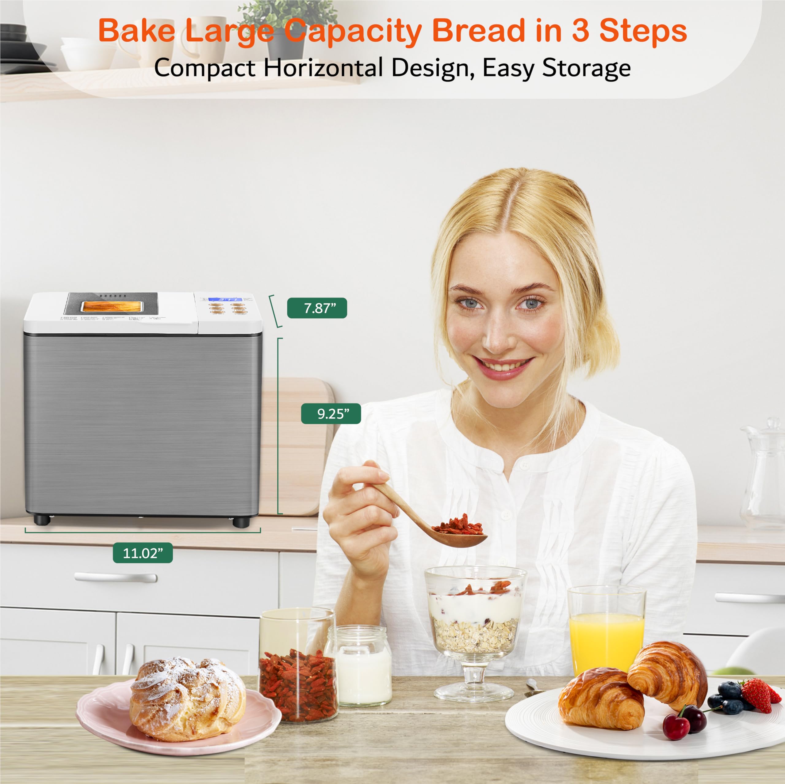 19-in-1 Smart Dual Heaters Bread Maker with Nonstick Ceramic Pan - 15H Timer & 1H Keep Warm - Stainless Steel Bread Machine for French, Gluten-Free, Sourdough - Perfect for Home Baking & Healthy Breakfast