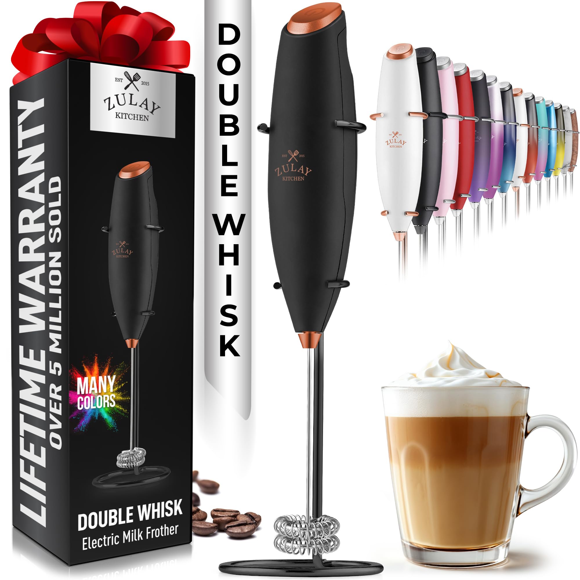 Premium Zulay Double Whisk Electric Milk Frother - Powerful Handheld Mixer for Coffee, Cappuccino, Latte & Matcha - Fast Foaming with Upgraded Motor - Perfect for Home, Office & Coffee Shops (Black/Copper)