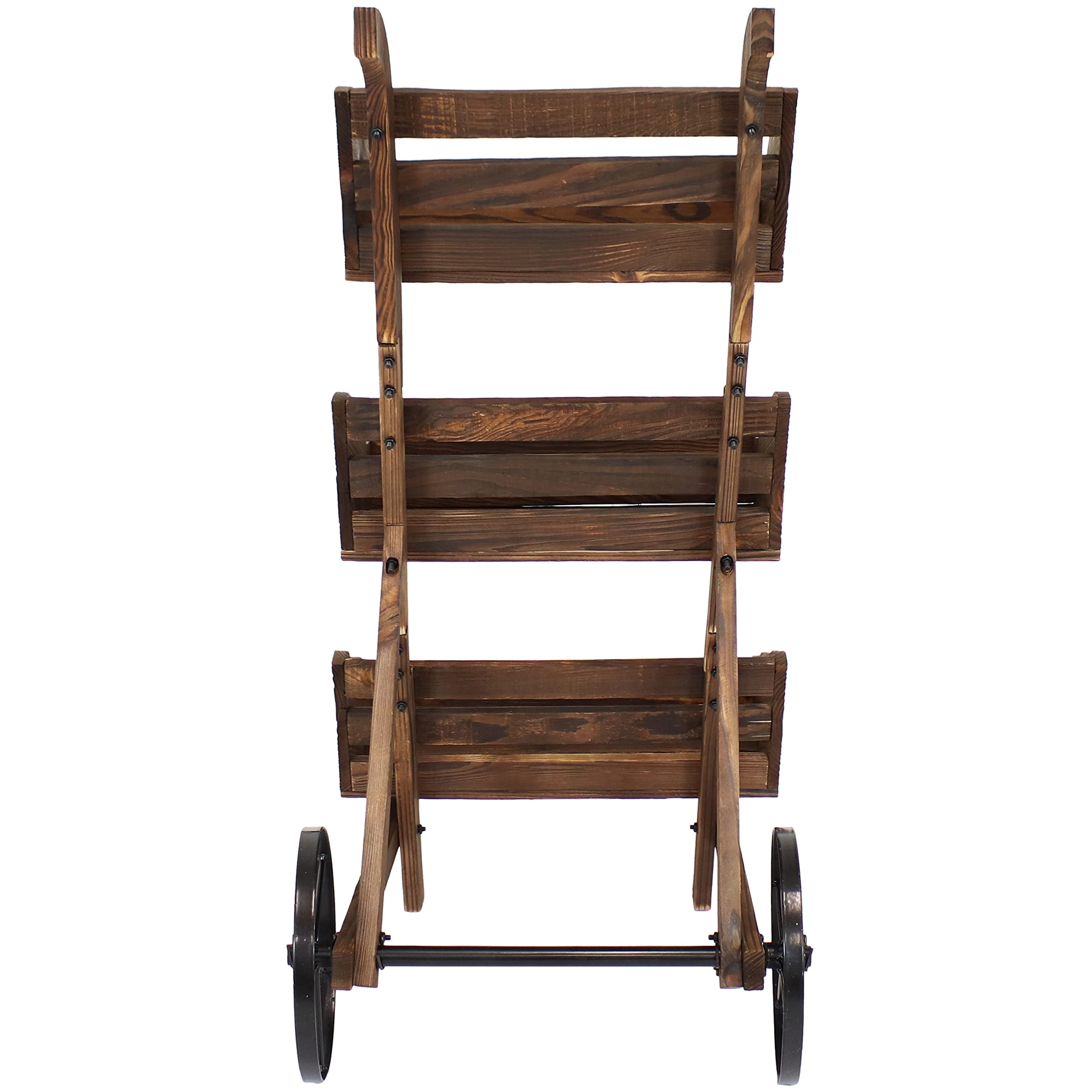 3-Tier Wooden Plant Stand with Iron Wheels - Mobile Rolling Garden Cart for Indoor/Outdoor Plants - 39.25 Inch Height Brown Finish - Perfect for Patio, Balcony & Home Decor