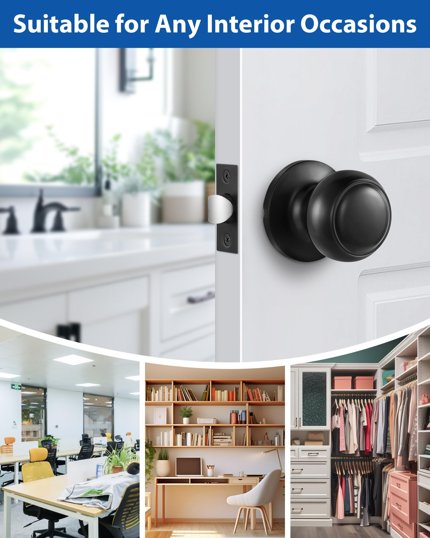 Matte Black Passage Door Knobs - Round Hall & Closet Handles with Keyless Lock - Perfect for Bedrooms, Hallways & Storage Spaces