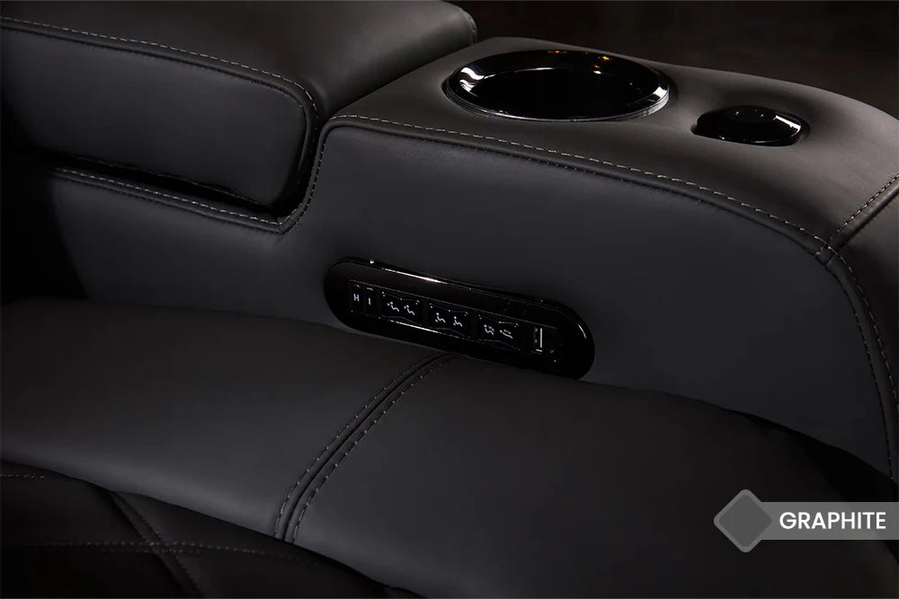 Valencia Tuscany Luxury 3-Seater Console Leather Home Theater Seating with Drop-Down Center Table - Graphite | Perfect for Movie Nights & Entertainment Rooms