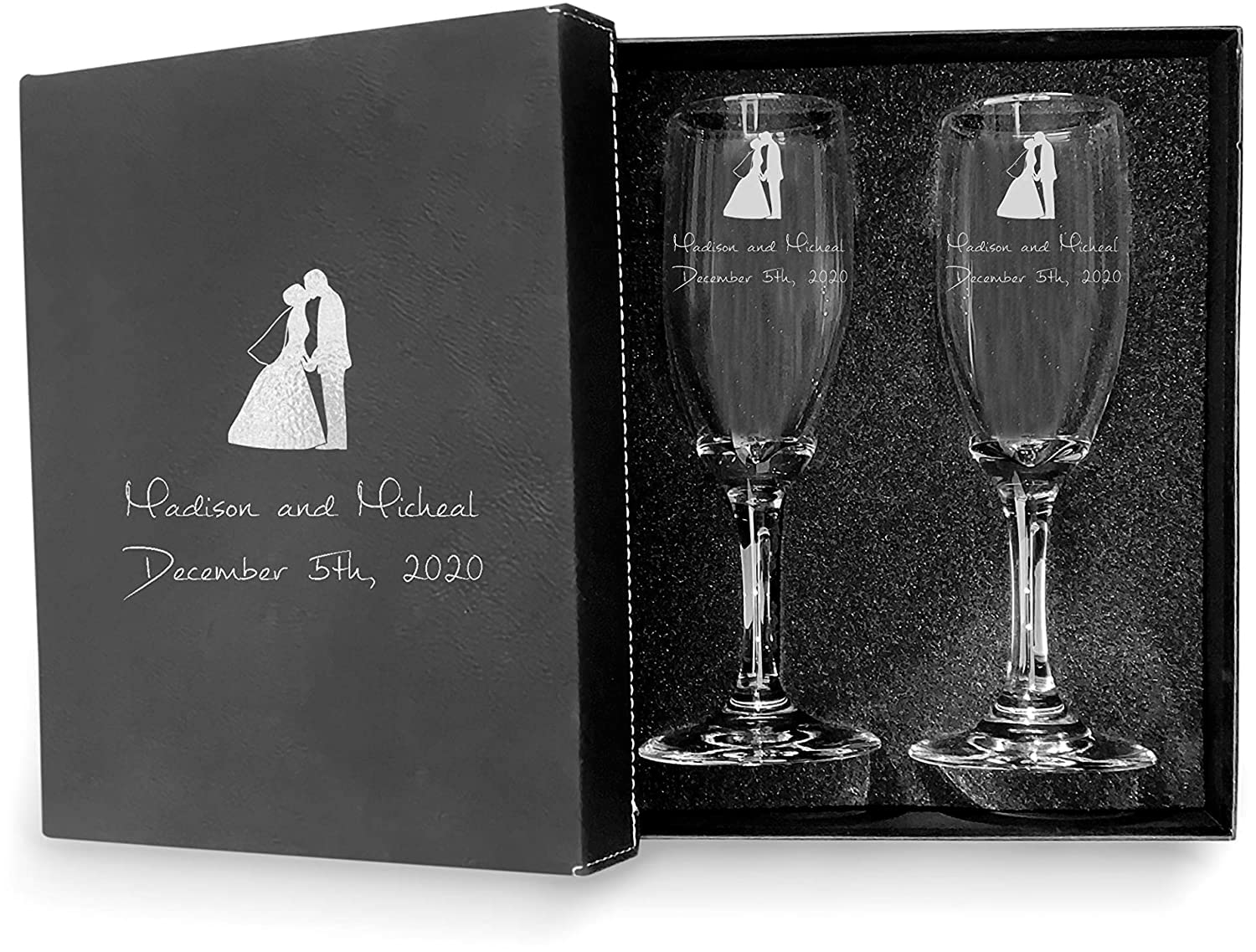 Personalized Mr and Mrs Wedding Champagne Flutes Set of 2 - Engraved Bride and Groom Glasses with Elegant Black Gift Box - Perfect for Wedding Toasts, Anniversaries, and Romantic Celebrations