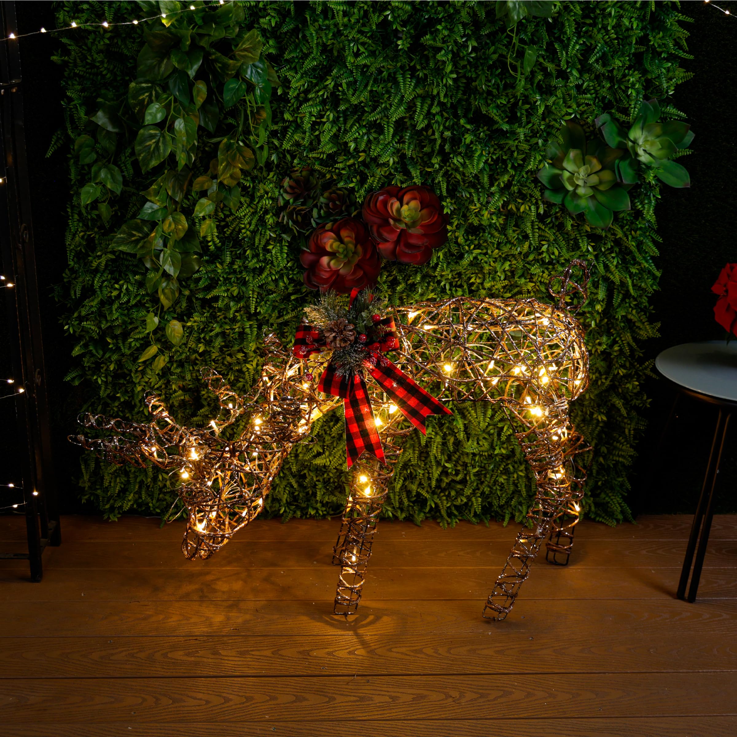 Rattan Grazing Reindeer with Bow & LED Lights - Christmas Holiday Home Decor for Mantel, Tabletop, and Outdoor Garden