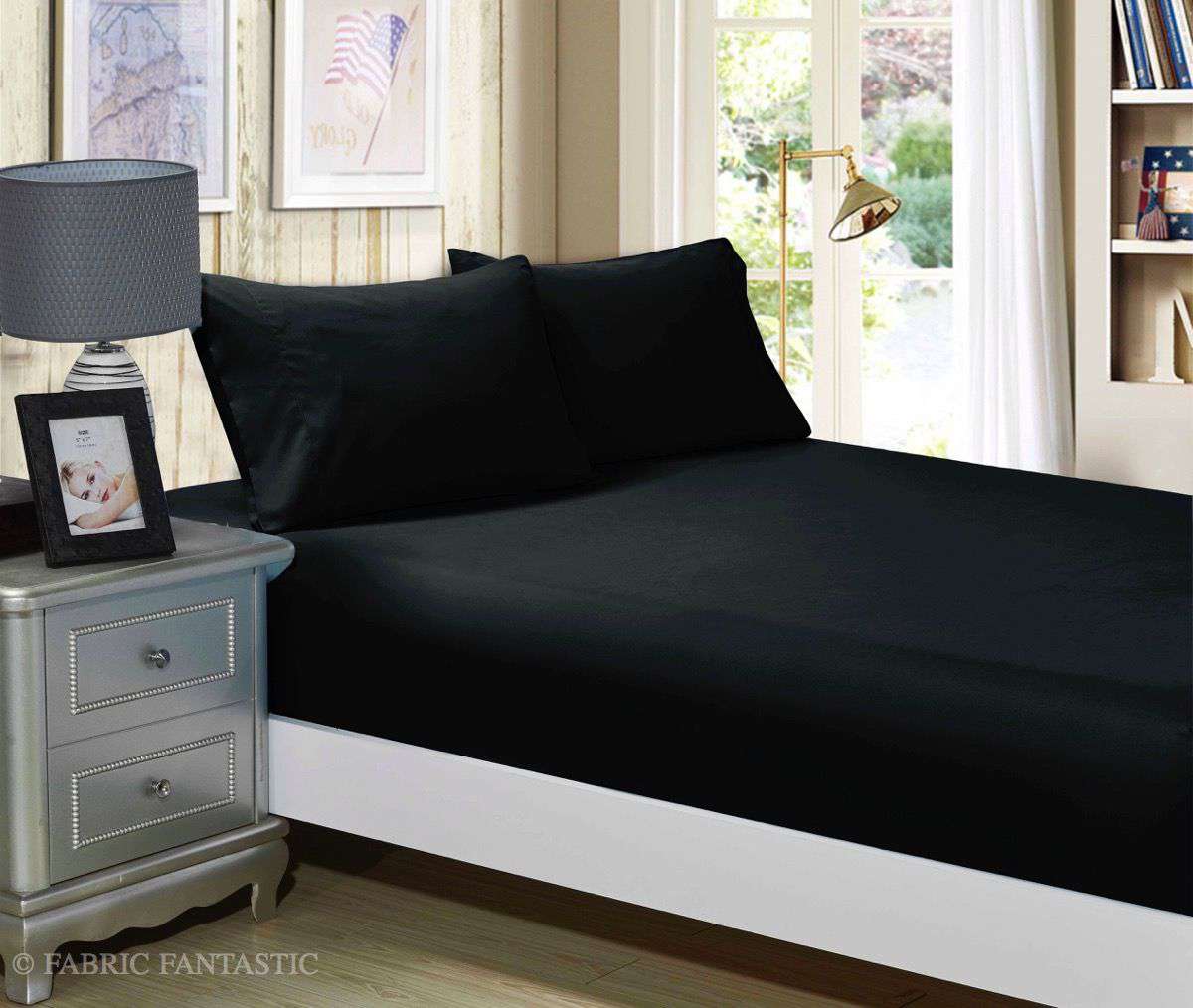 1000TC Ultra Soft Fitted Sheet & 2 Pillowcases Set - Double Size Bed Sheets - Breathable Luxury Cotton - Black - Perfect for Master Bedroom, Guest Room & Vacation Homes