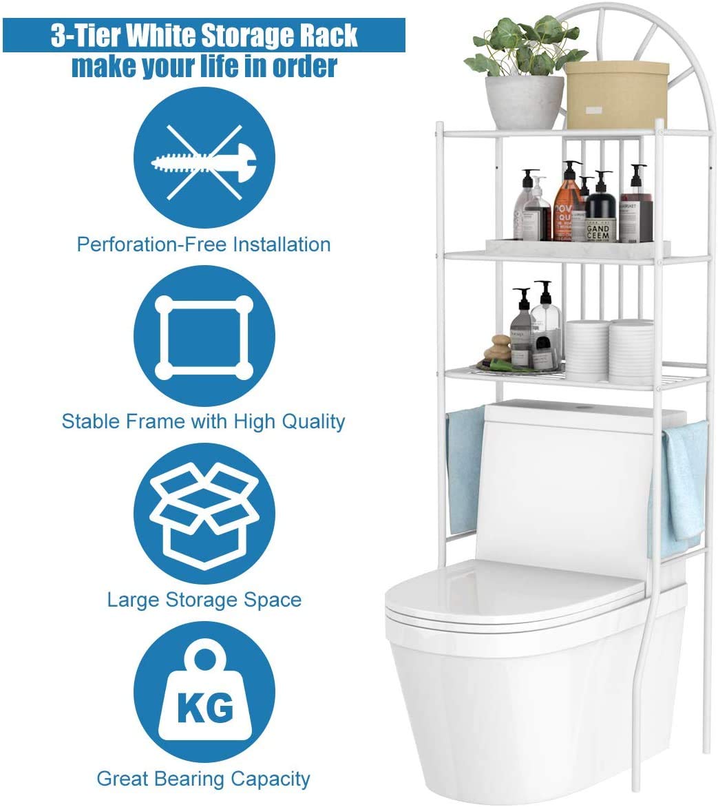 LDAILY Mocha Bathroom 3-Tier White Storage Rack - Over The Toilet Space Saver with No-Drill Installation, Multi-Layer Shelf for Bathroom Essentials, Books & Plants - Perfect for Small Bathrooms, Apartments & Dorm Rooms