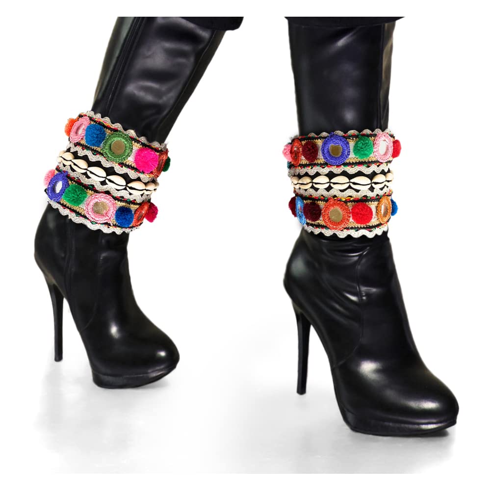 Kuchi Kurd Baloch Tribal Women's Boot Anklet Cuff Set - Colorful Embroidered Fabric with Beads, Coins, Mirrors & Shells (11x5 Inch) | Boho Jewelry for Belly Dance, Festival, Beach Party & Travel Accessories