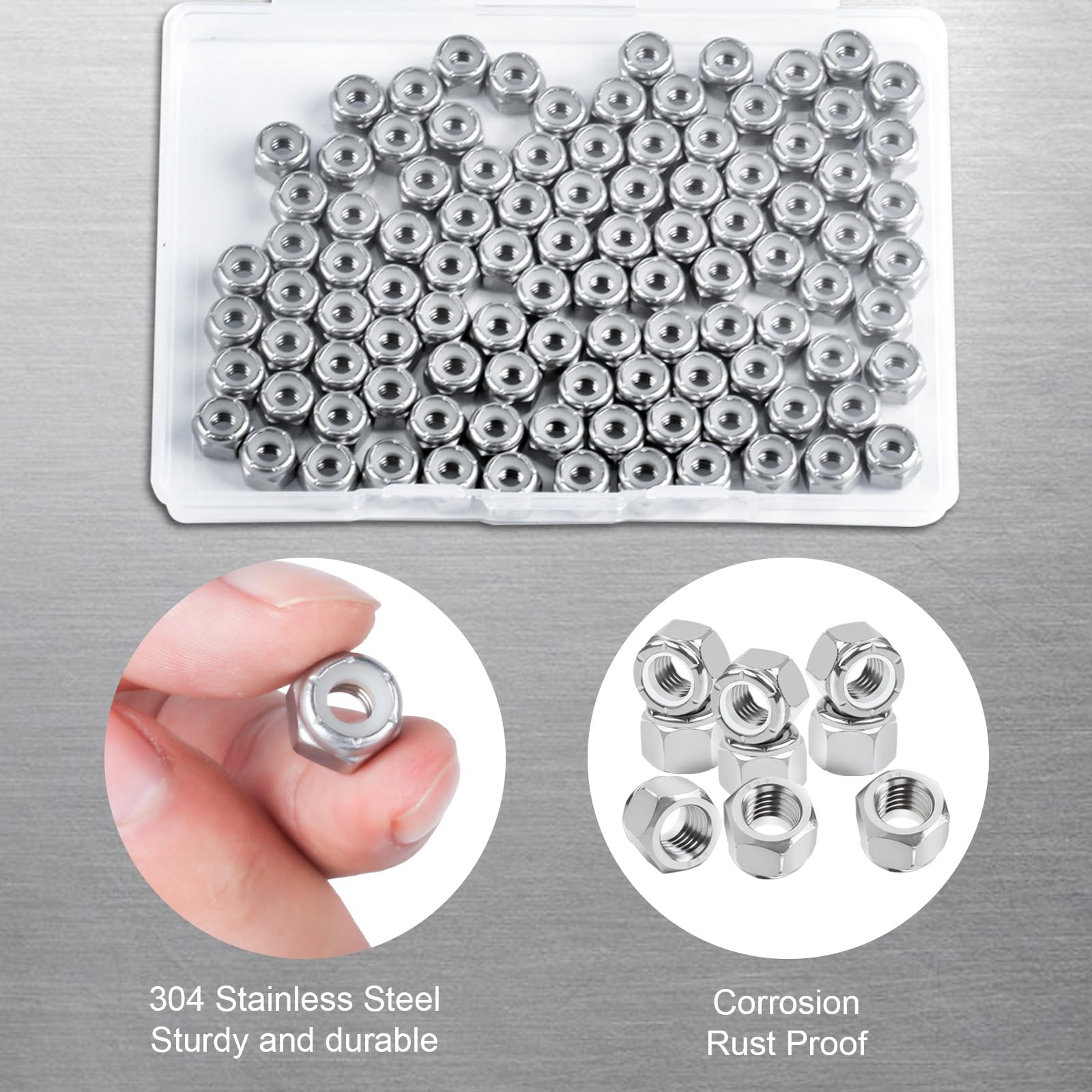 100pcs 1/4-20 Inch Nylon Insert Lock Nuts, 304 Stainless Steel Hex Lock Nuts - Self Locking Nylock Nuts for Bolts & Screws - Perfect for Automotive, Machinery & DIY Projects