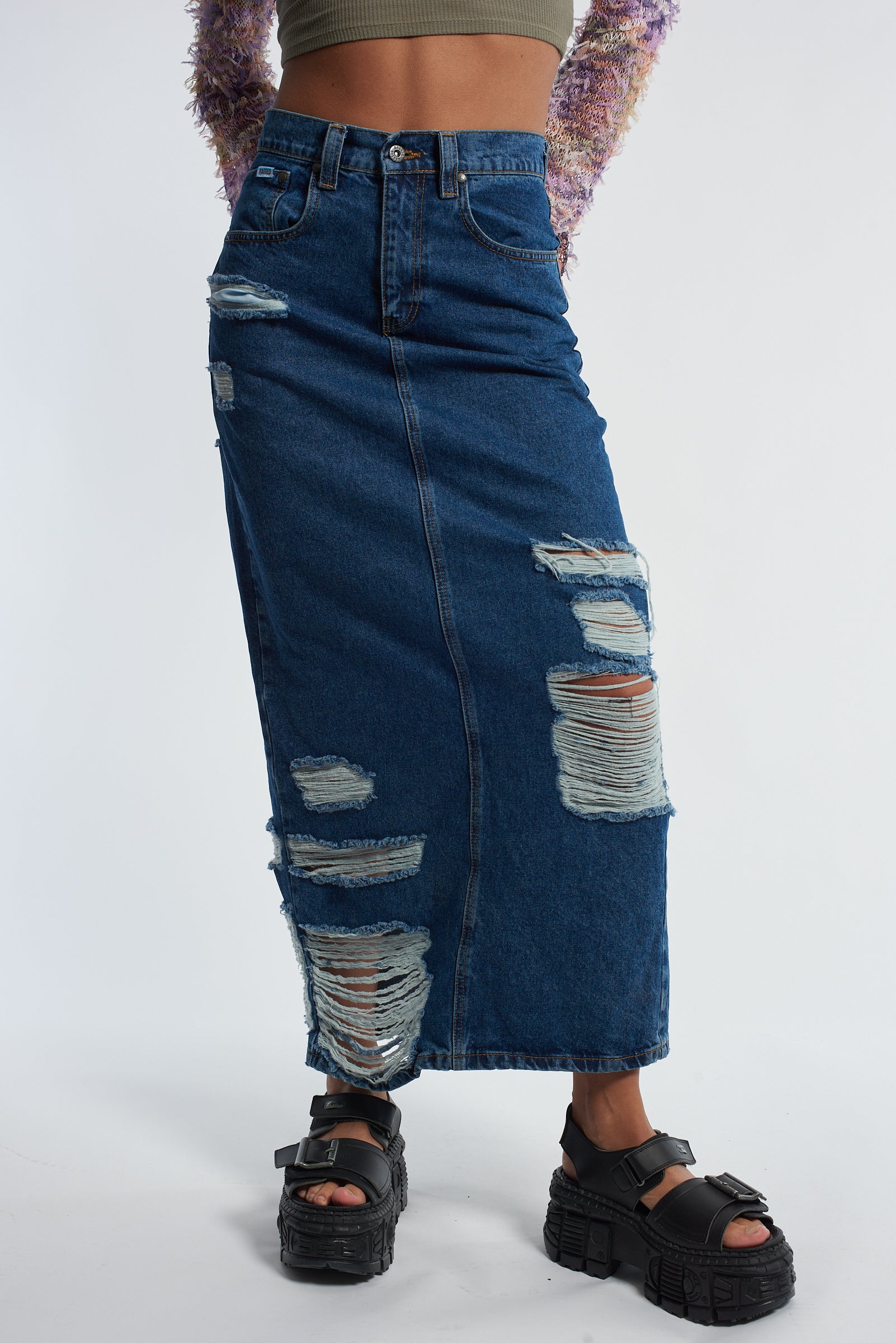 Vintage Distressed Denim Maxi Skirt for Women - High Waisted Long Denim Skirt with Side Slits - Perfect for Casual Outfits, Music Festivals & Boho Style
