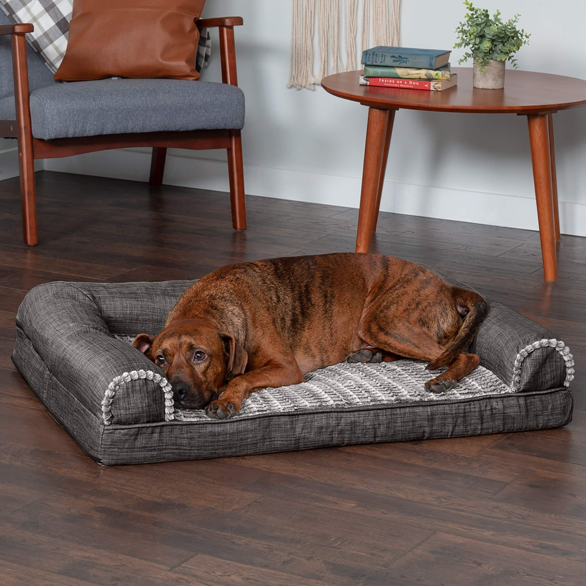 Furhaven Orthopedic Memory Foam Dog Bed for Large & Medium Dogs - Removable Bolsters & Machine Washable Cover - Supports Up to 55 lbs - Plush Faux Fur & Durable Linen Sofa Design - Charcoal Grey - Perfect for Living Room, Bedroom or Crate Comfort