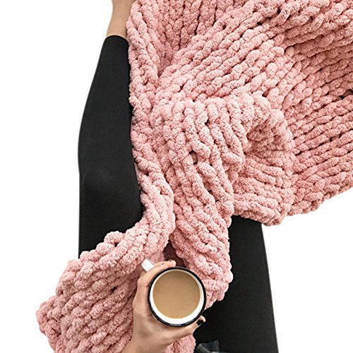 Hand Knit Super Chunky Chenille Blanket - Coral Blush 59x79in - Extreme Arm Knitting Yarn Throw - Cozy Living Room Sofa Blanket for Bed & Home Decor