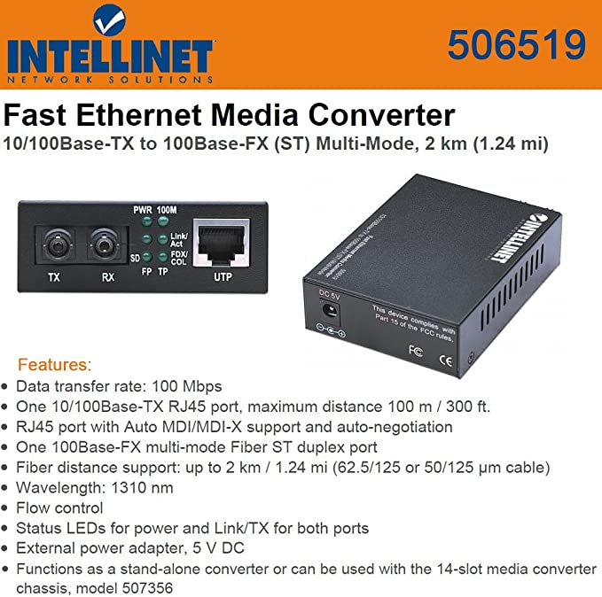 10/100 SC Multi Mode Media Converter ICI 506519 - High-Speed Fiber Optic Network Converter for Office & Data Center Connectivity