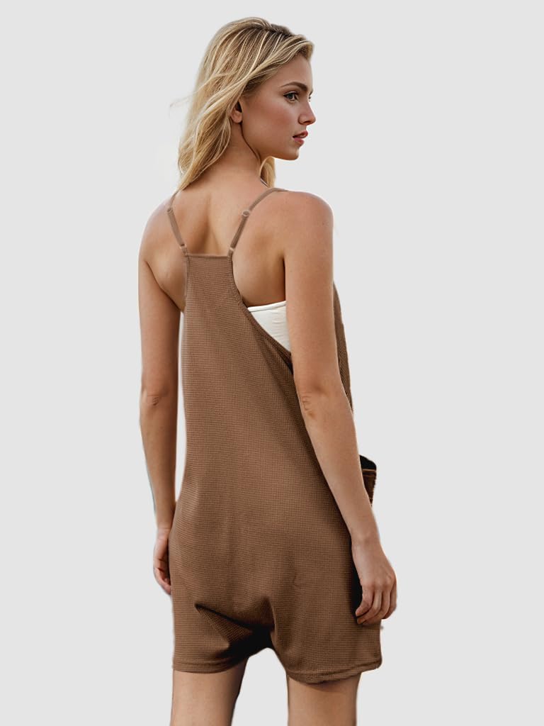 Women's Summer Casual Waffle Knit Romper - Loose Fit Spaghetti Strap Sleeveless Jumpsuit with Pockets | Breathable Short Overalls for Beach, Vacation & Outdoor Activities