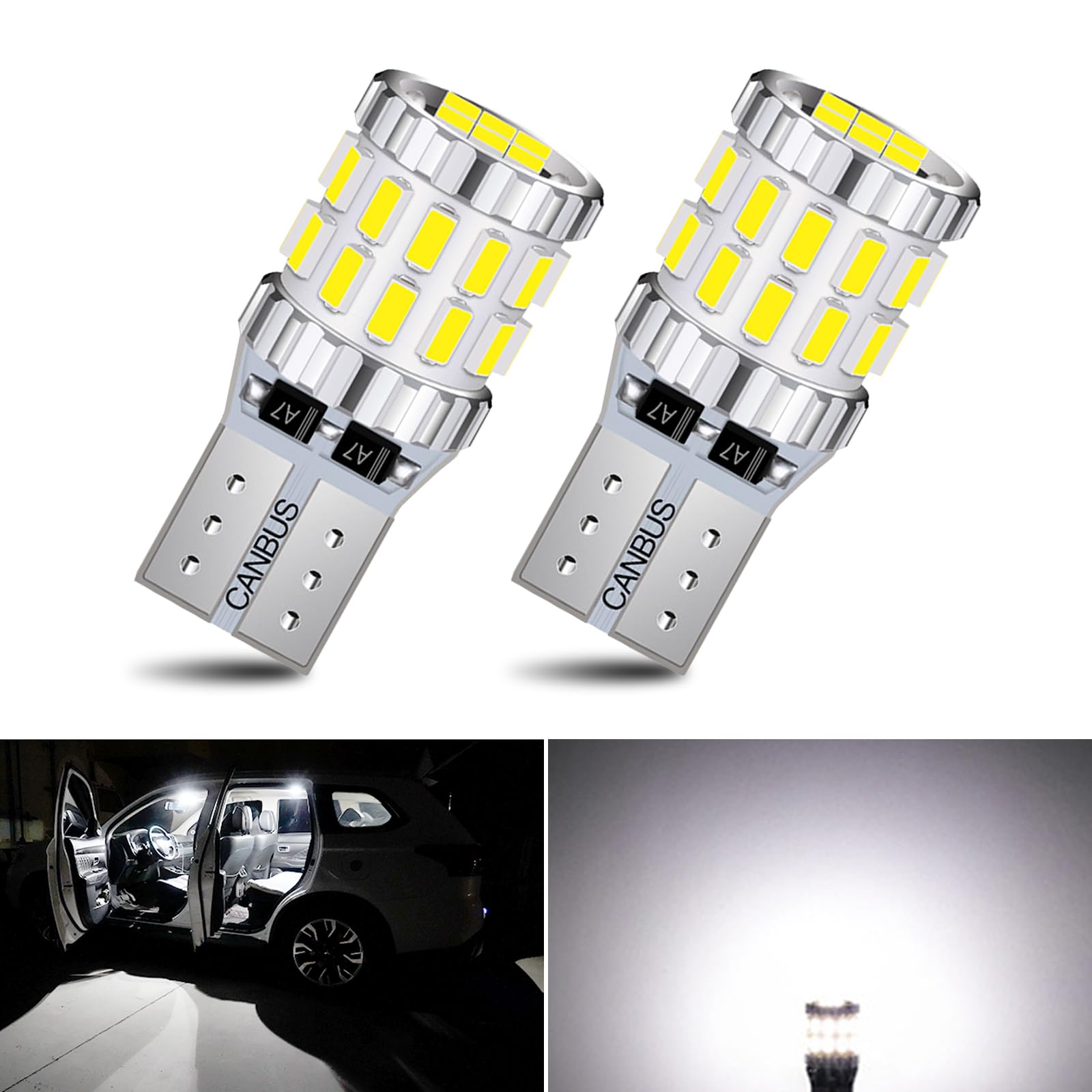 Gunhunt Pack-2 Car Wide LED Lights - 3W Aluminum Reading Lights, License Plate Lights & Instrument Bulbs - Universal Replacement for Most Cars, Trucks, SUVs (White) - Perfect for Night Driving, Interior Lighting & Vehicle Customization