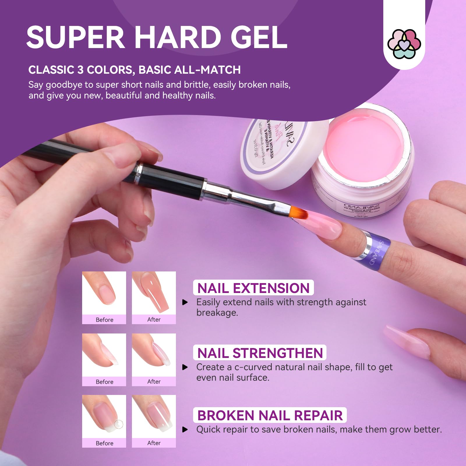 SAVILAND 3Pcs Hard Gel Nail Set - VE, VB5 & Kerain for Home Salon DIY