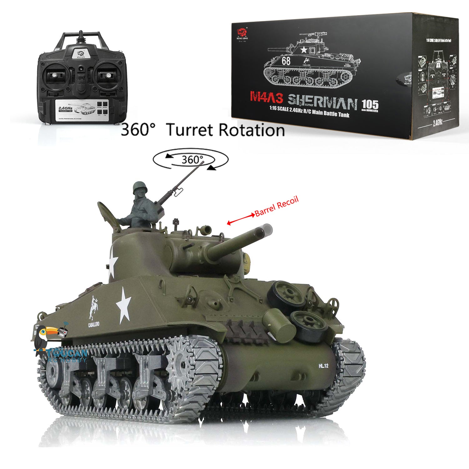 1/16 Henglong M4A3 Sherman RC Tank - 7.0 Customized Remote Control Military Vehicle with Barrel Recoil, 360° Rotating Turret & Metal Road Wheels - Perfect for Collectors, Battle Simulation & Outdoor Play