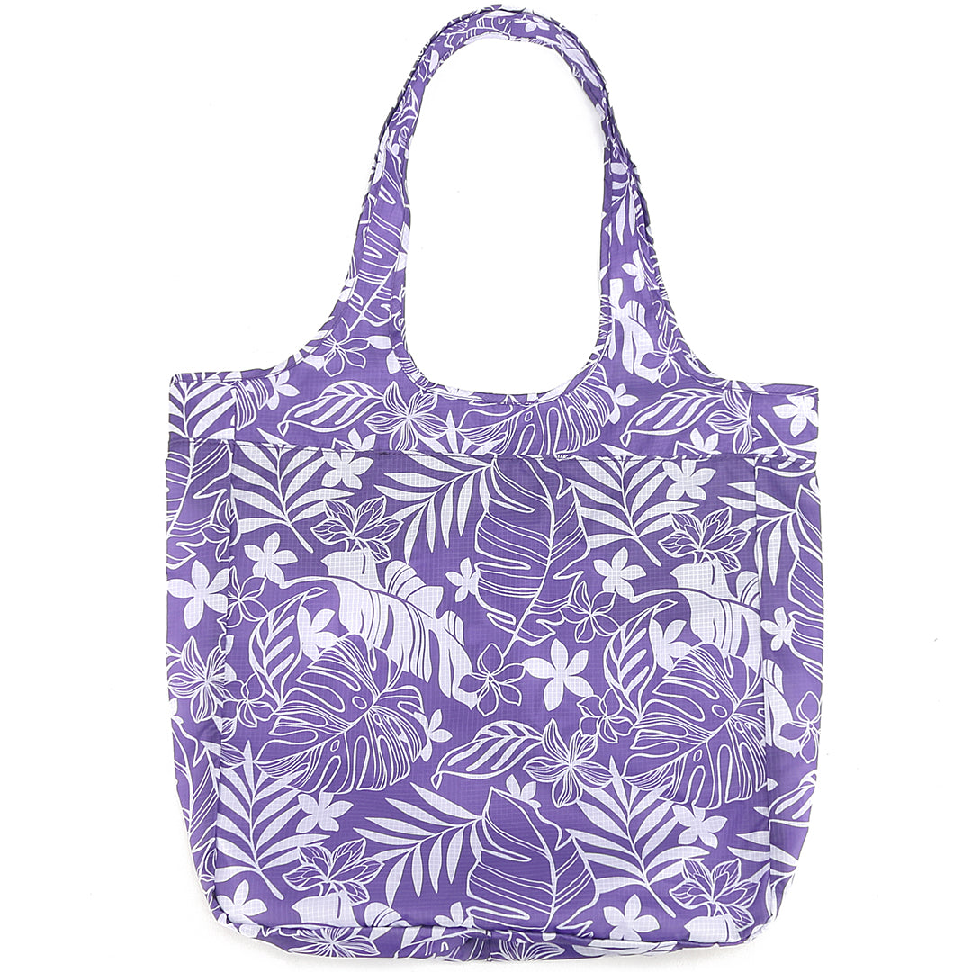 Foldable Reusable Shopping Bag - Jacqueline Plumeria Monstera Leaf Print in Purple | Eco-Friendly Grocery Tote for Shopping, Beach, Travel & Daily Use
