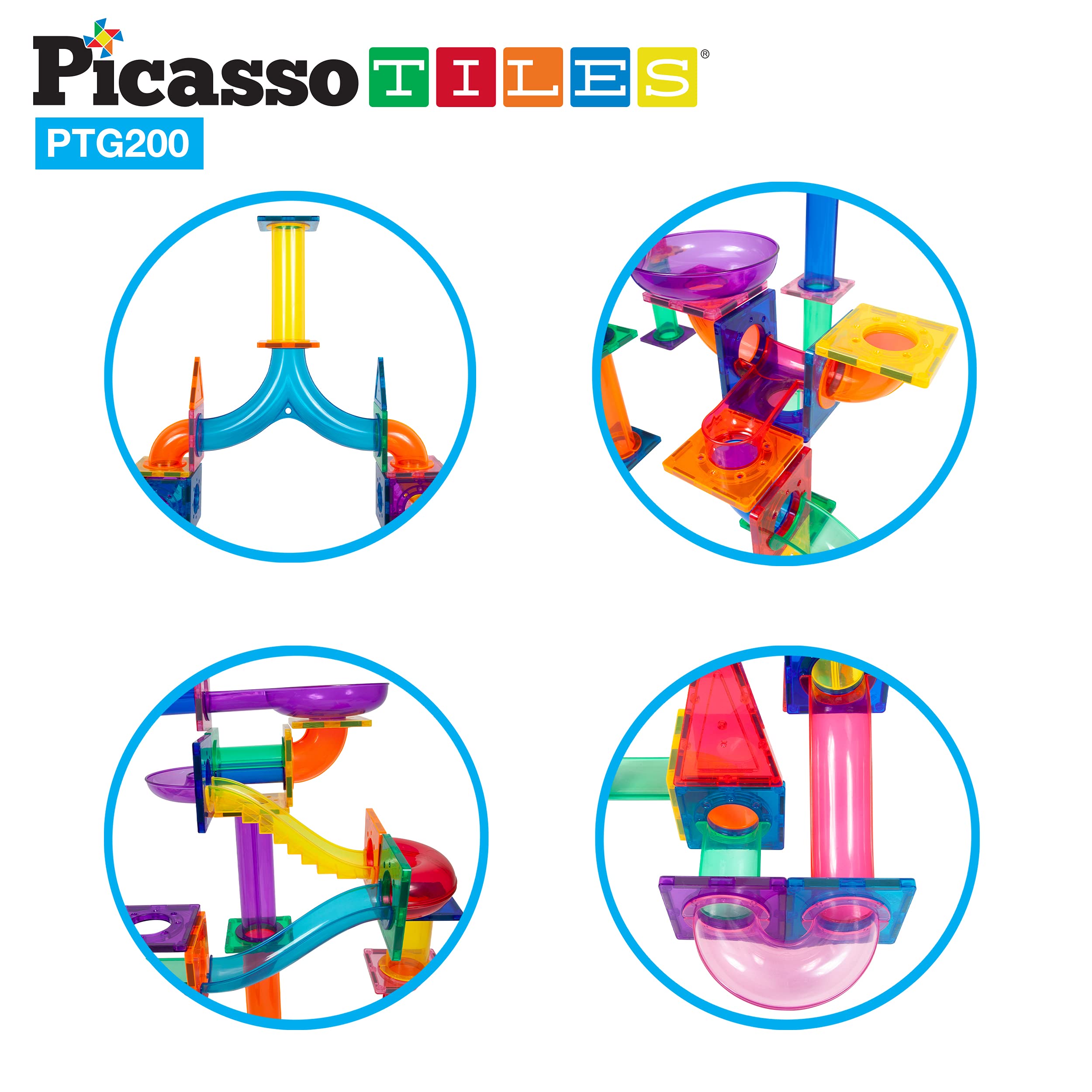 PicassoTiles 200-Piece Magnetic Marble Run Set - STEM Educational Building Blocks for Kids Ages 3+, Marble Maze Race Track Toy with Sensory Marbles for Toddlers - Perfect for Indoor Play, Birthday Gifts & Early Learning Activities
