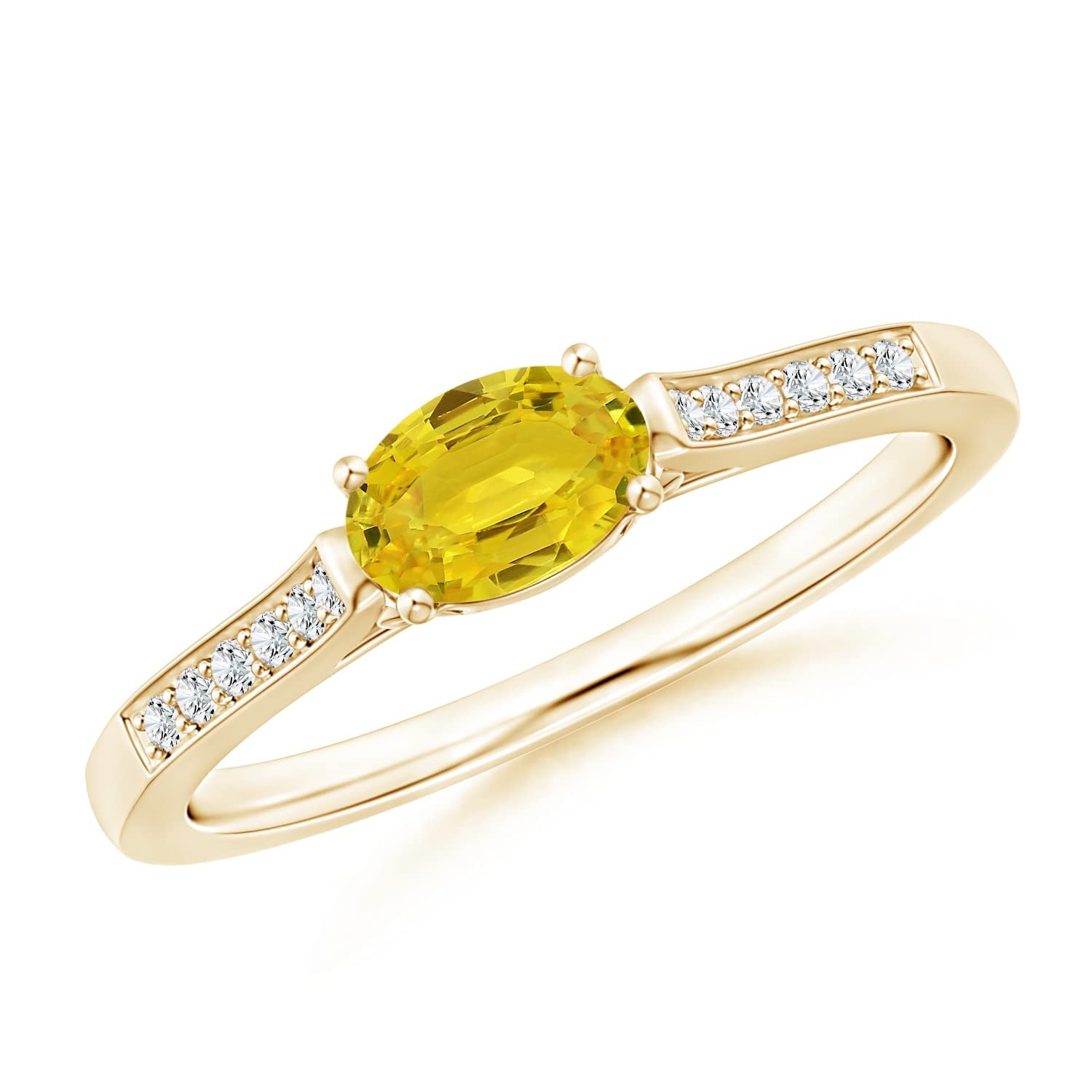 East West Oval Yellow Sapphire Solitaire Ring with Diamonds (6x4mm) - Elegant Jewelry for Engagement, Wedding & Special Occasions