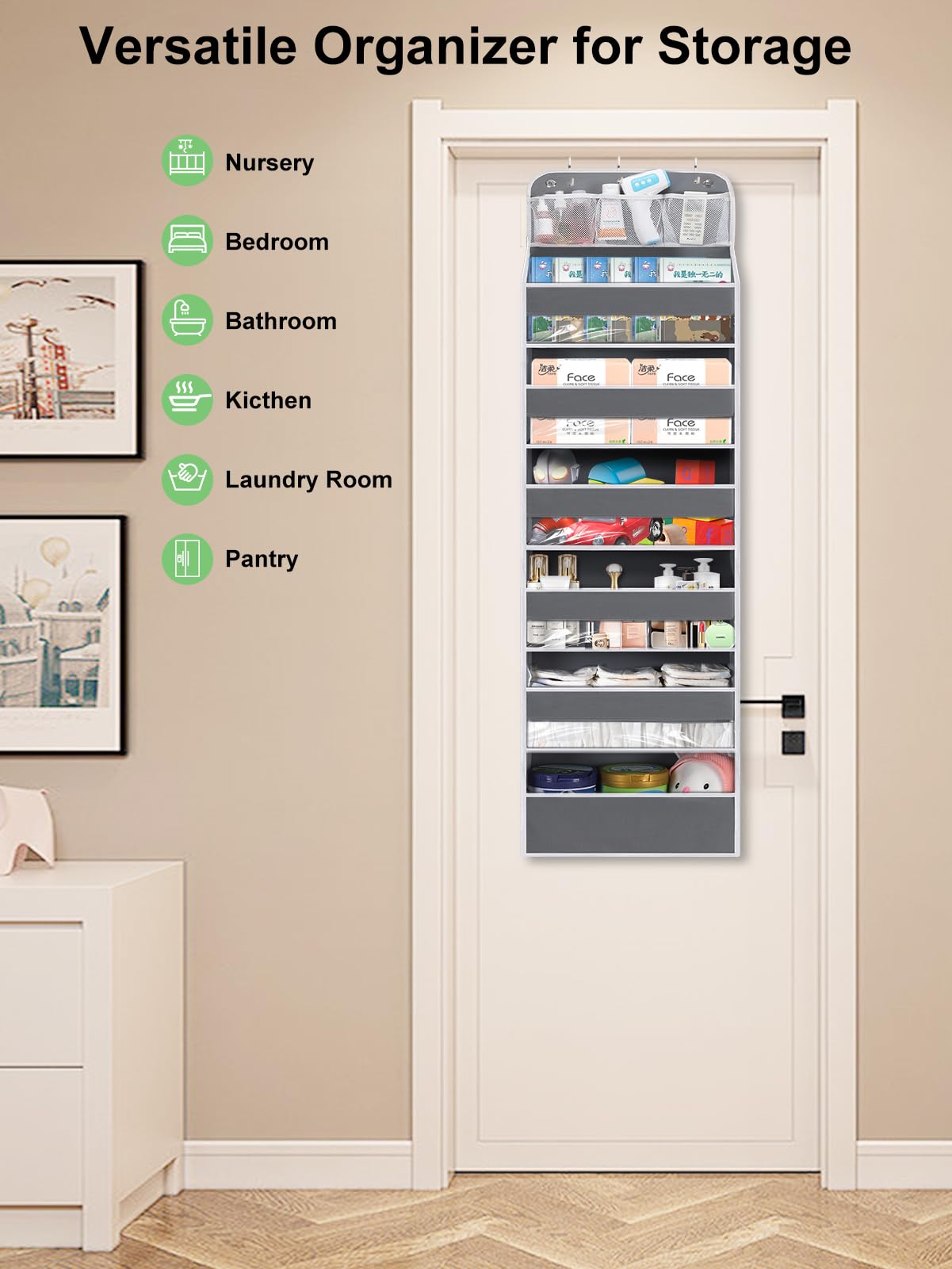 Over Door Hanging Organizer with 6 Large Pockets - Baby Closet Storage for Diapers, Toys & Shoes | No Tilt Design for Nursery, Bedroom & Bathroom Organization | Perfect for Newborn Essentials & Kids Room Storage